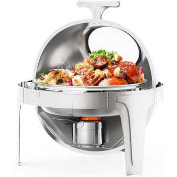 Garvee Calentador de Alimentos Buffet de Acero Inoxidable 6L, Chafing Dish Redondo con Tapa Visor Basculante para Catering y Eventos