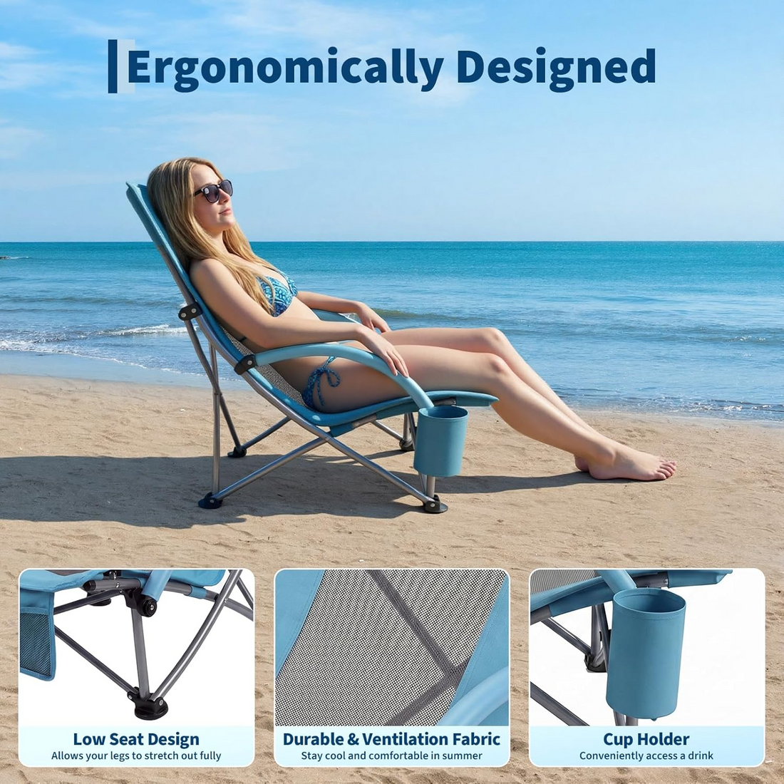 Garvee Pack de 2 Sillas de Playa Plegables, con Correas de Mochila y Porta Vasos, Carga 150kg, para Camping