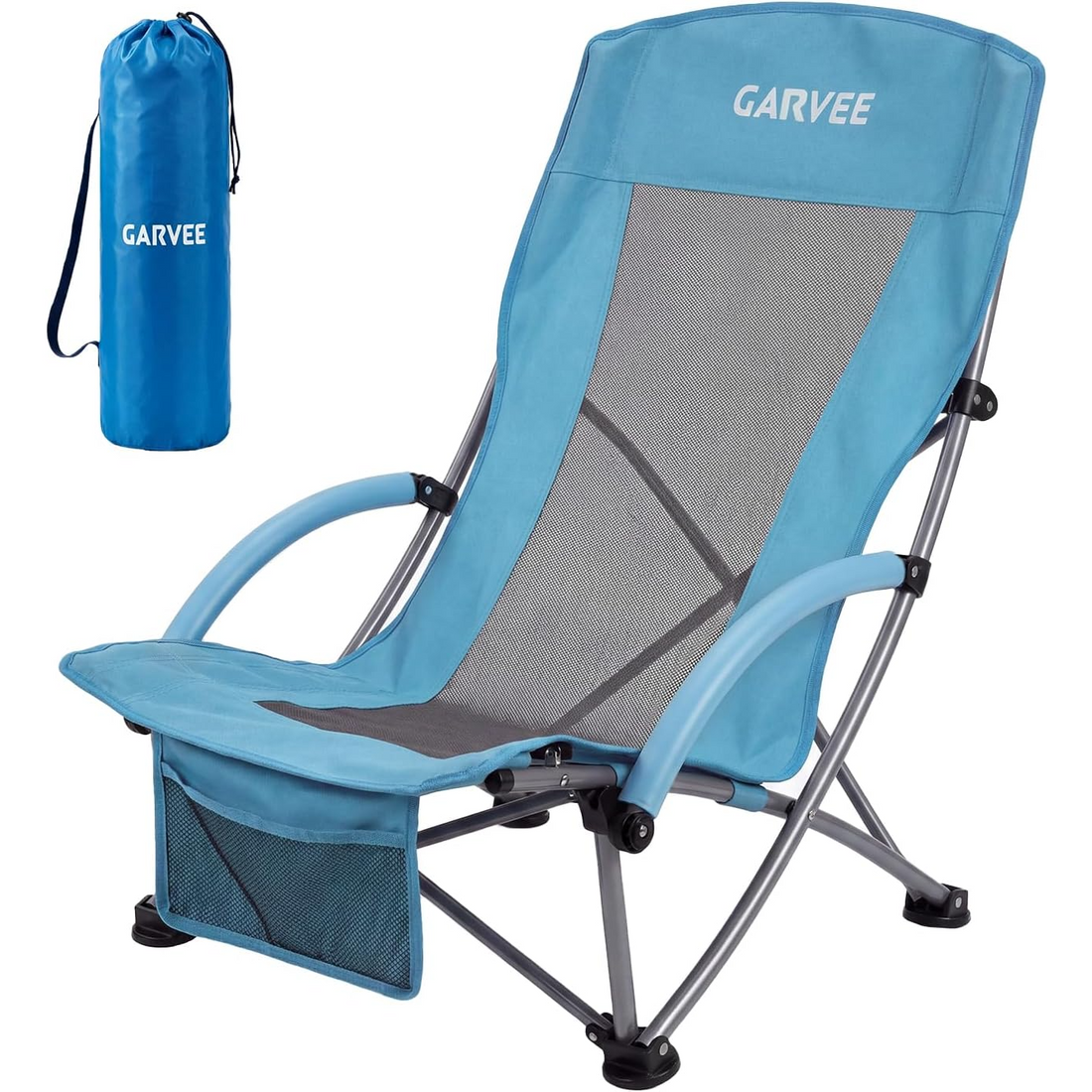 Garvee Silla de Playa Ligera con Asiento Bajo y Portavasos para Viajes de Campamento 150kg Azul