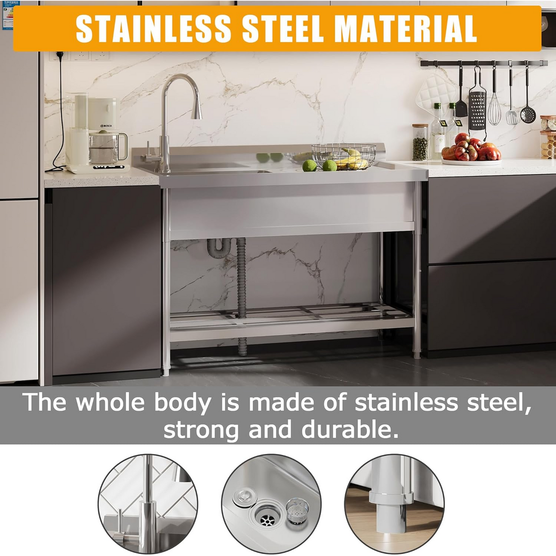 Garvee Lavadero Utility Acero Inoxidable 120x51x92cm Diseño Tazón Regadera Grifo Extraíble Cocina Jardín