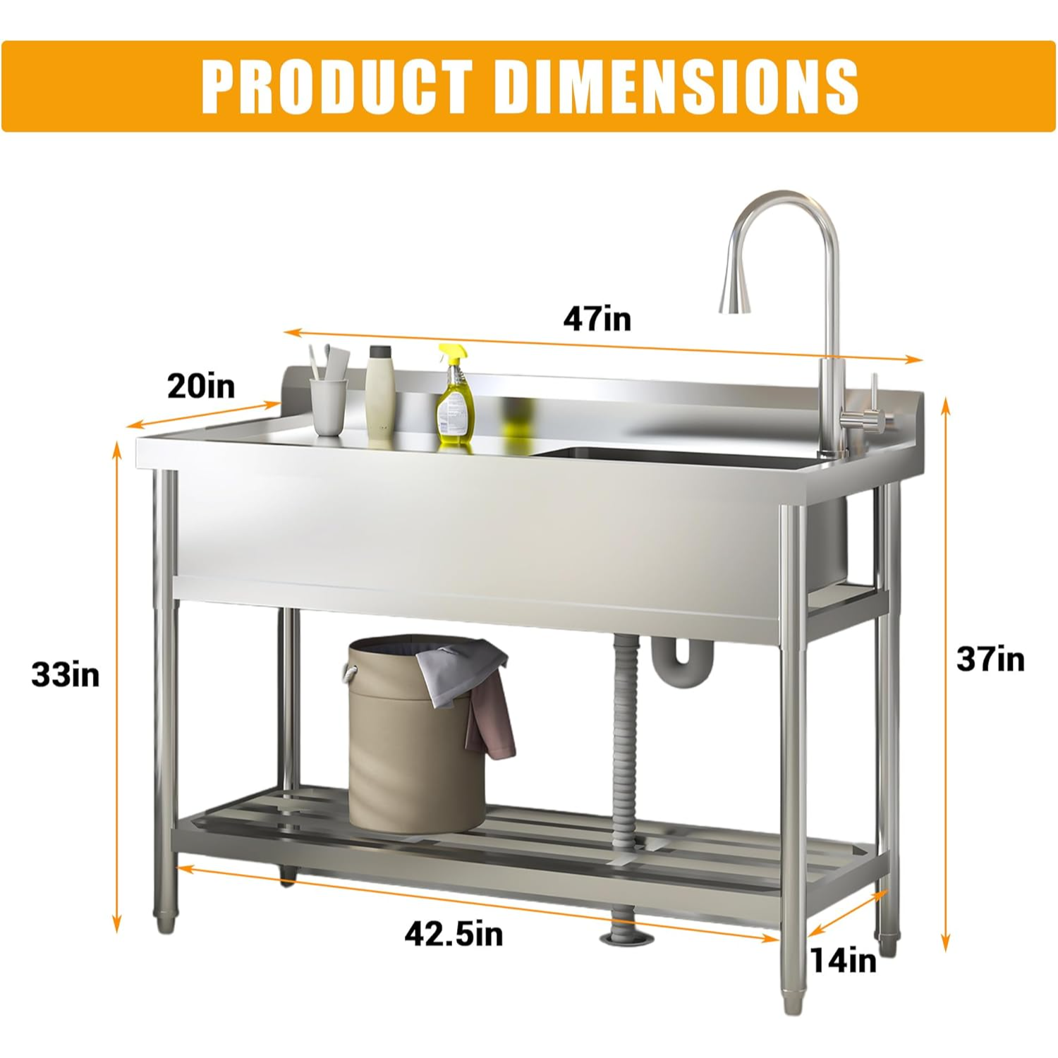 Garvee Lavadero Utility Acero Inoxidable 120x51x92cm Diseño Tazón Regadera Grifo Extraíble Cocina Jardín