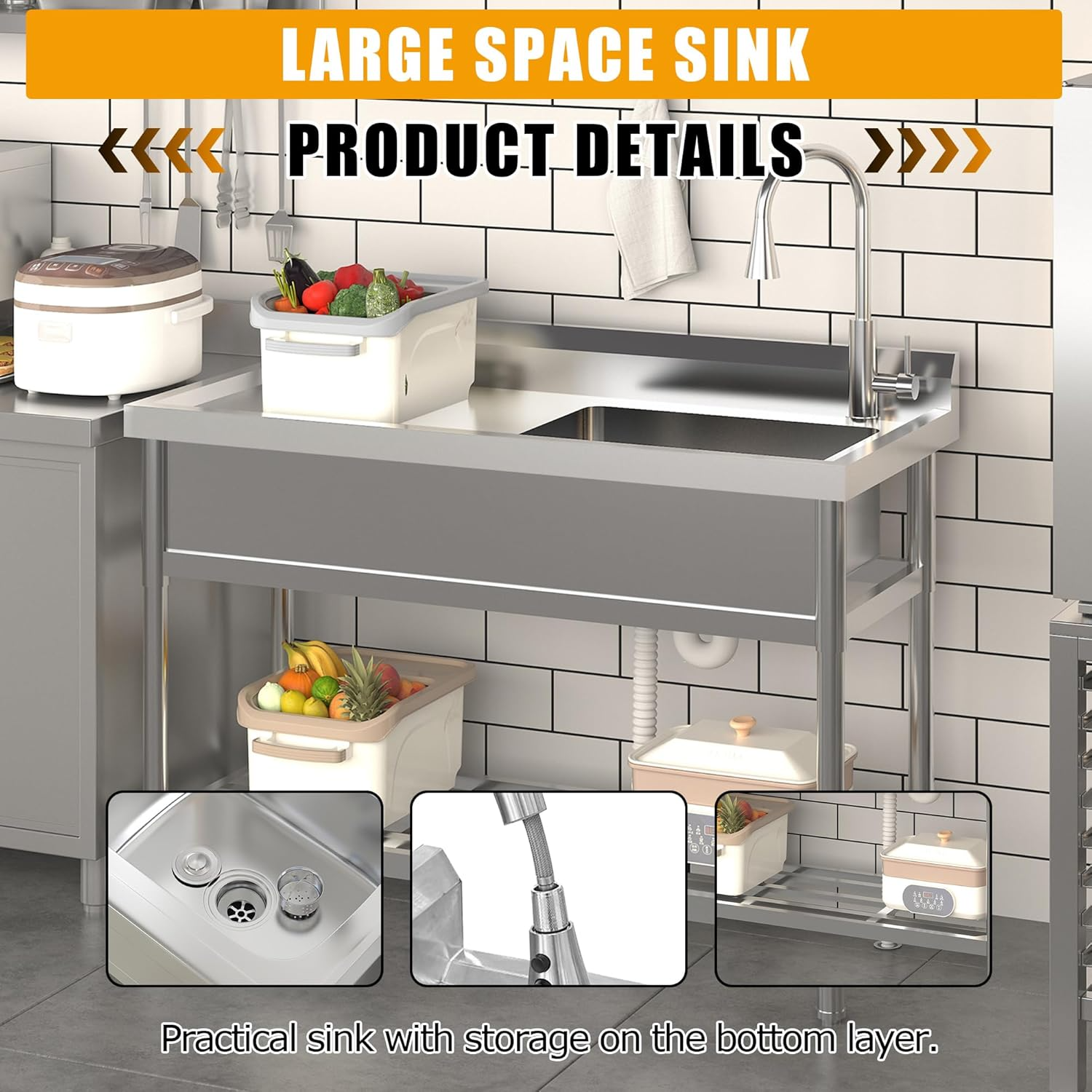 Garvee Lavadero Utility Acero Inoxidable 120x51x92cm Diseño Tazón Regadera Grifo Extraíble Cocina Jardín