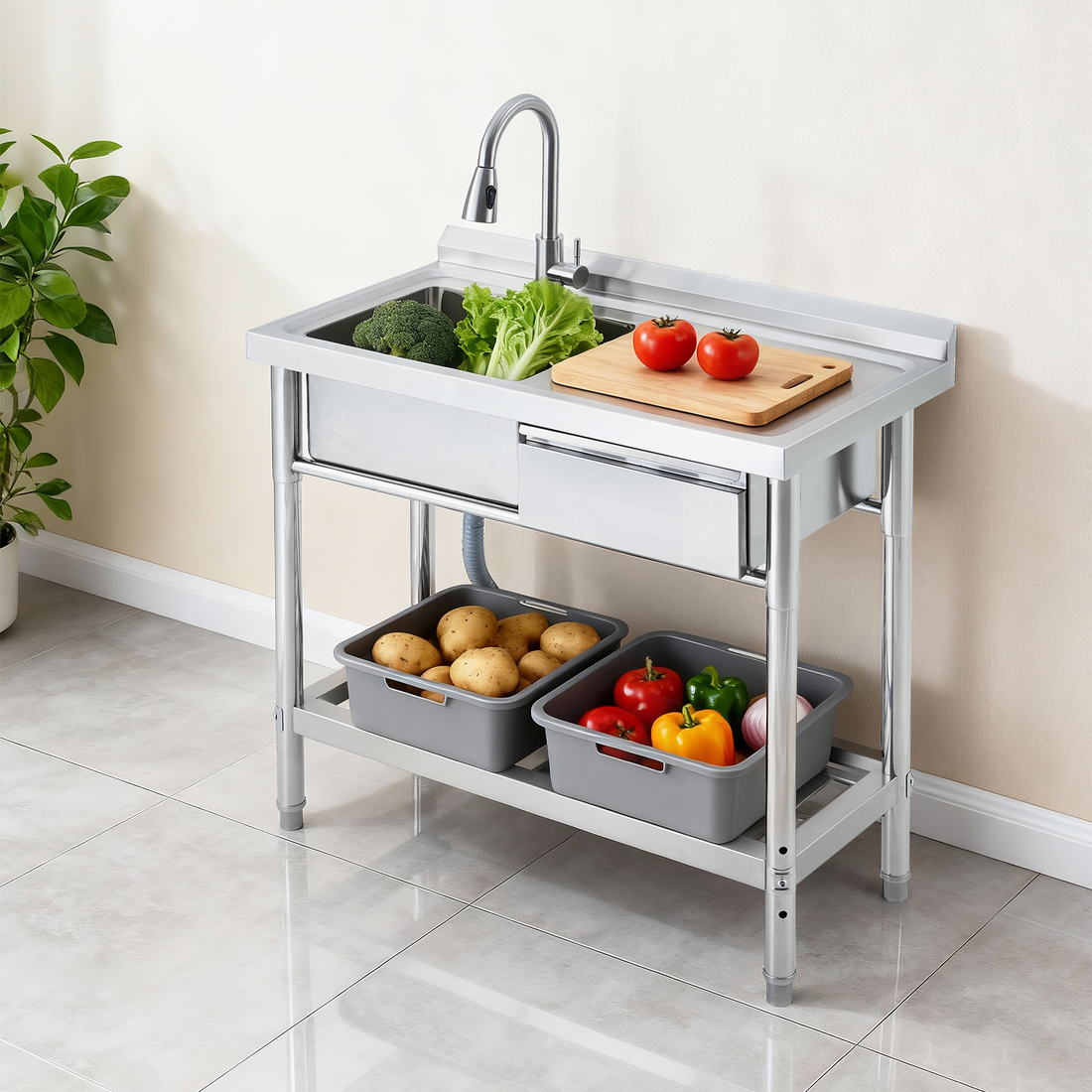 Garvee Fregadero Comercial de Acero Inoxidable 99x50x94 cm con Grifo Giratorio 360° Cubeta Profunda Cajón de Almacenaje Estante Inferior Ajustable Cocina Lavandería Acero Inoxidable