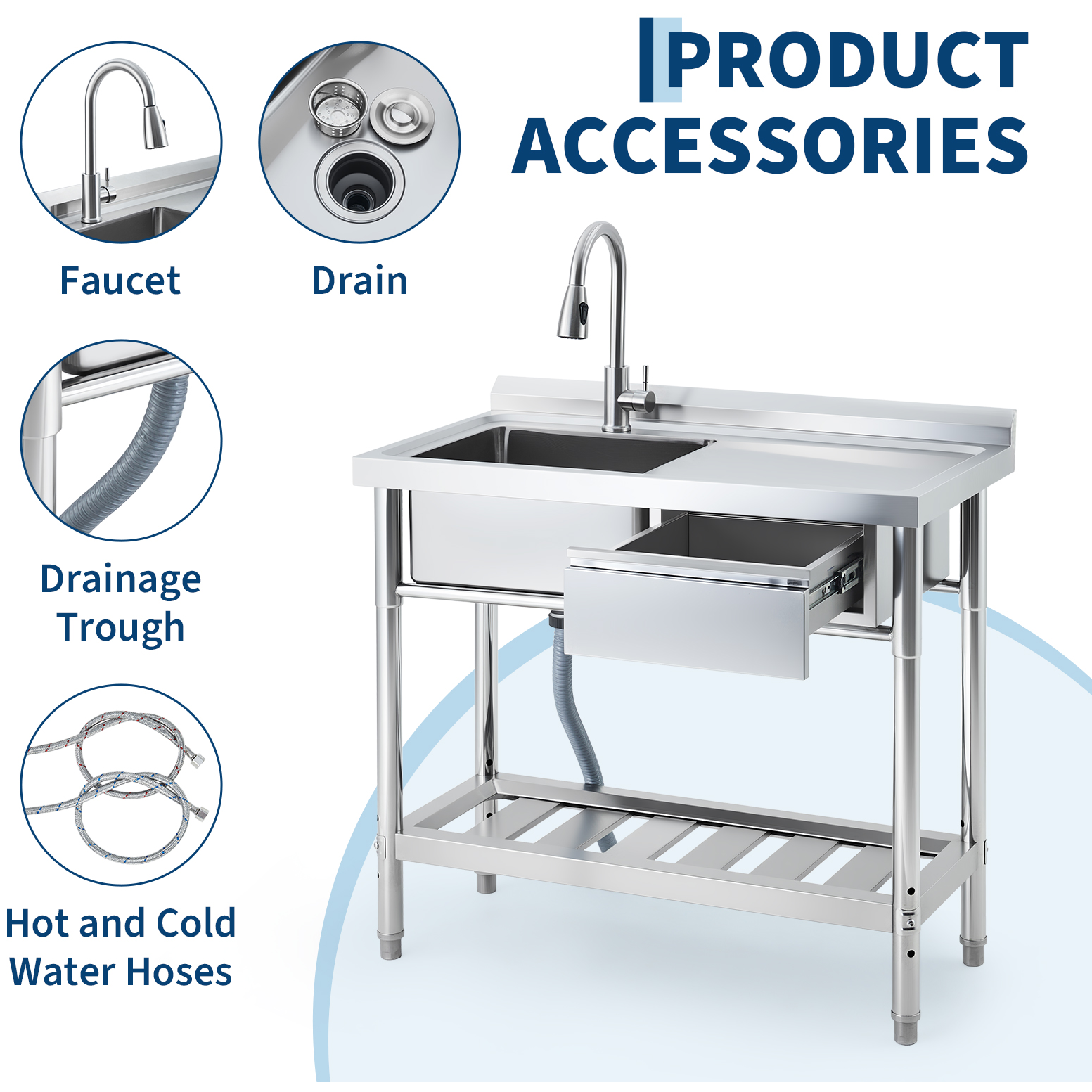 Garvee Fregadero Comercial de Acero Inoxidable 99x50x94 cm con Grifo Giratorio 360° Cubeta Profunda Cajón de Almacenaje Estante Inferior Ajustable Cocina Lavandería Acero Inoxidable