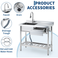 Garvee Fregadero Comercial de Acero Inoxidable 99x50x94 cm con Grifo Giratorio 360° Cubeta Profunda Cajón de Almacenaje Estante Inferior Ajustable Cocina Lavandería Acero Inoxidable