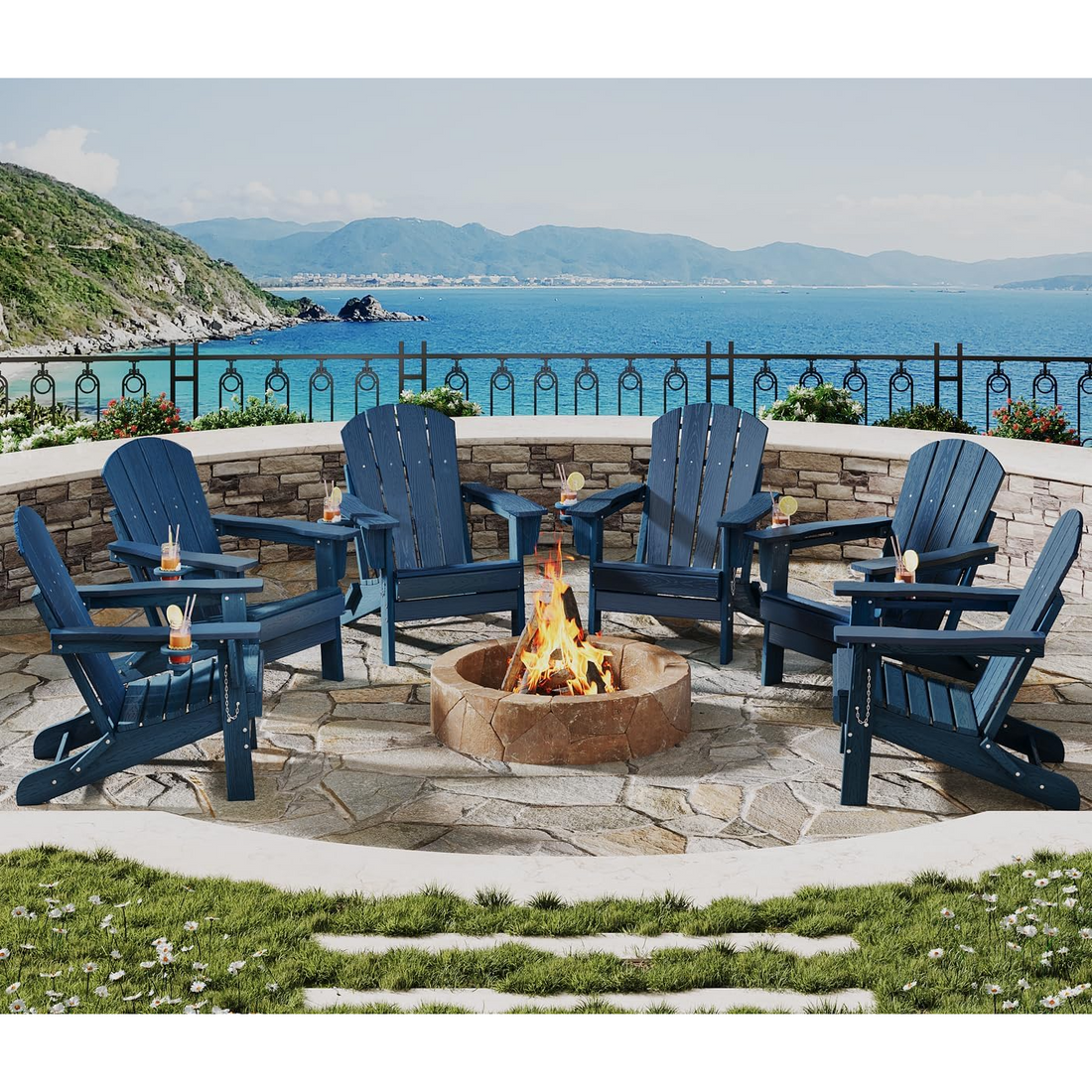 Garvee Silla Adirondack Plegable de HDPE con Textura de Madera, Sillón de Jardín Ergonómico para Terraza, Patio, Porche y Zona de Piscina