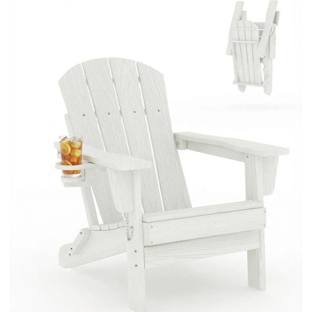 Garvee Silla Adirondack Plegable de HDPE con Textura de Madera, Sillón de Exterior Ergonómico con Portavasos para Terraza, Jardín, Piscina y Porche