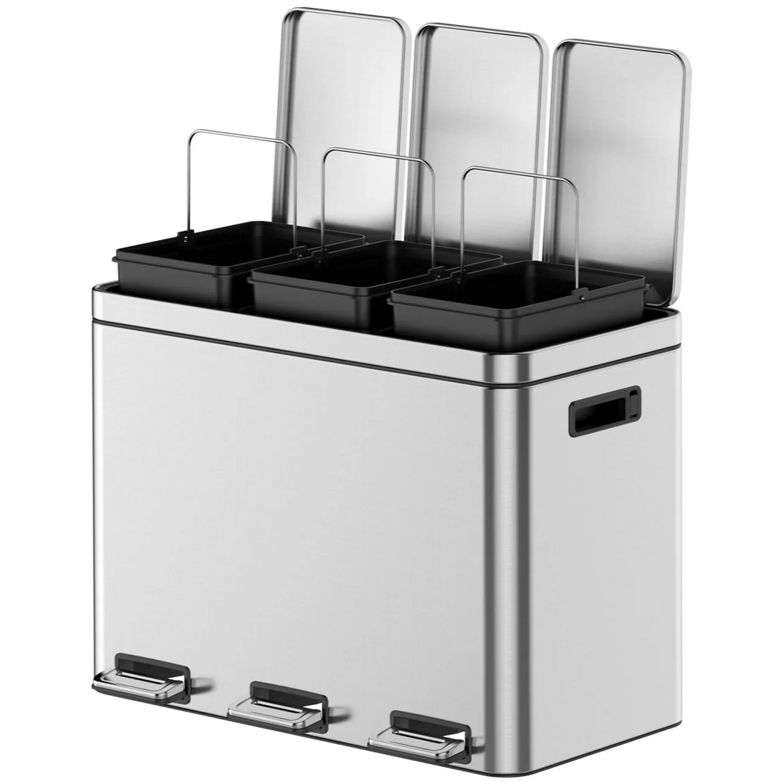Garvee Cubo de Basura de Cocina 3×15L, Acero Inoxidable, Sistema de Separación de Basura, Tapa de Cierre Suave, Plata, para Reciclaje y Basura Orgánica