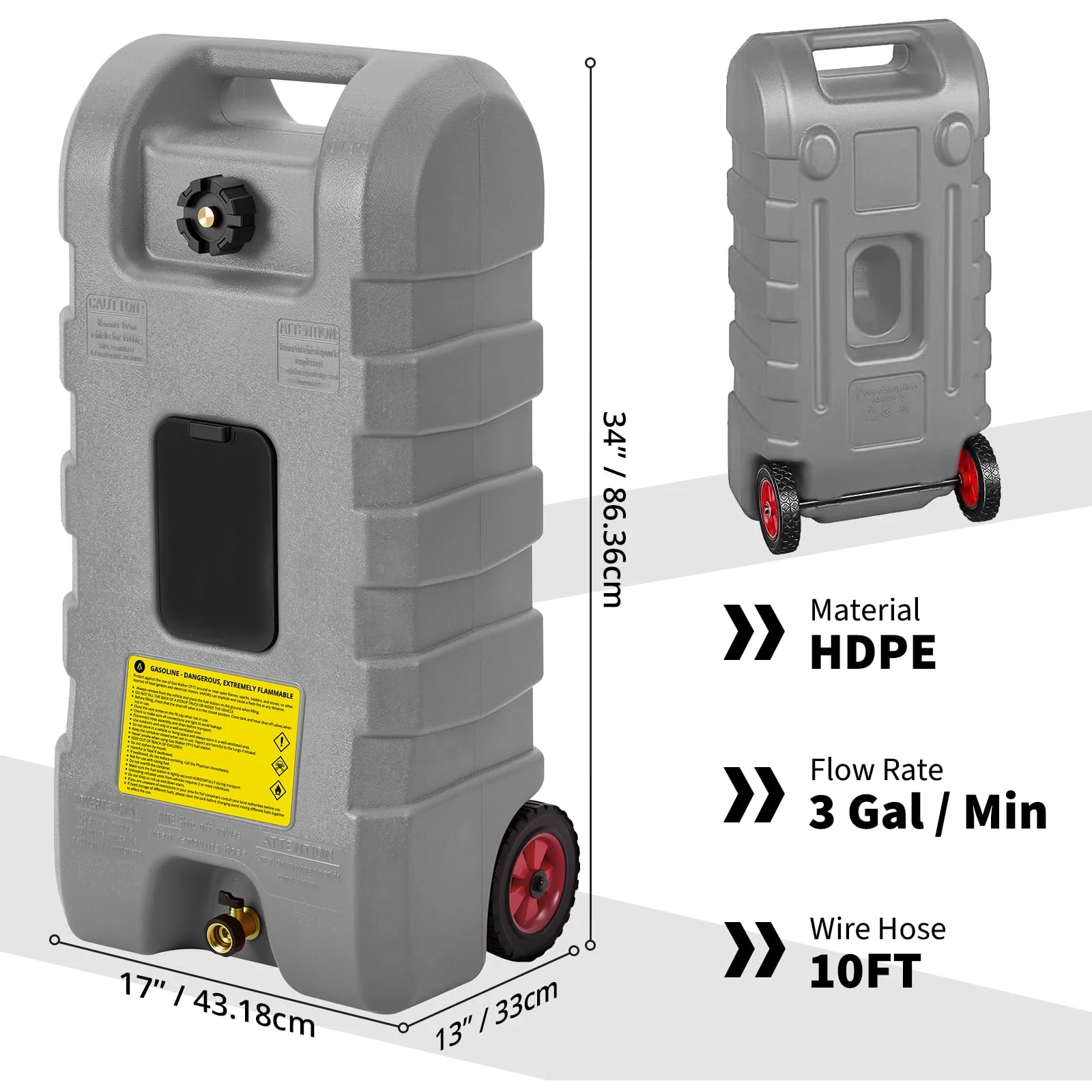Garvee Bidón de Combustible Portátil de 15 Galones / 57L con Ruedas y Bomba de Sifón, Tanque de Gasolina Móvil para Generador, Barco y Rutas Off-Road