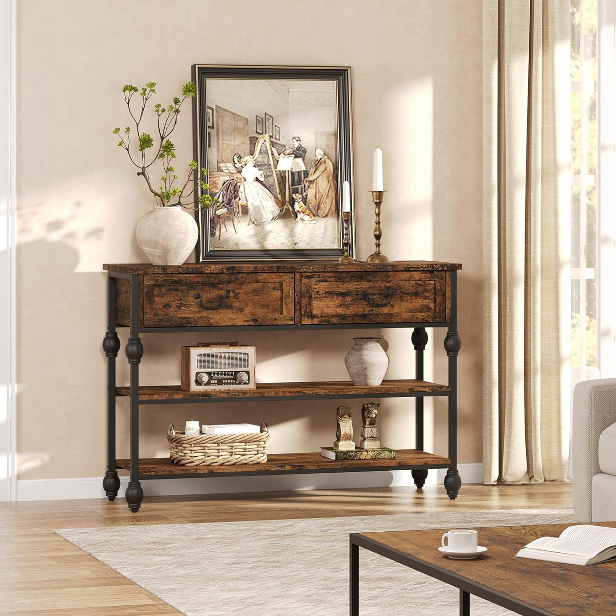 Garvee Mueble Recibidor Estilo Rústico con Cajones, Consola de Entrada Estilo Farmhouse, Mesa detrás del Sofá con 3 Estantes, Mueble Auxiliar de Madera Retro