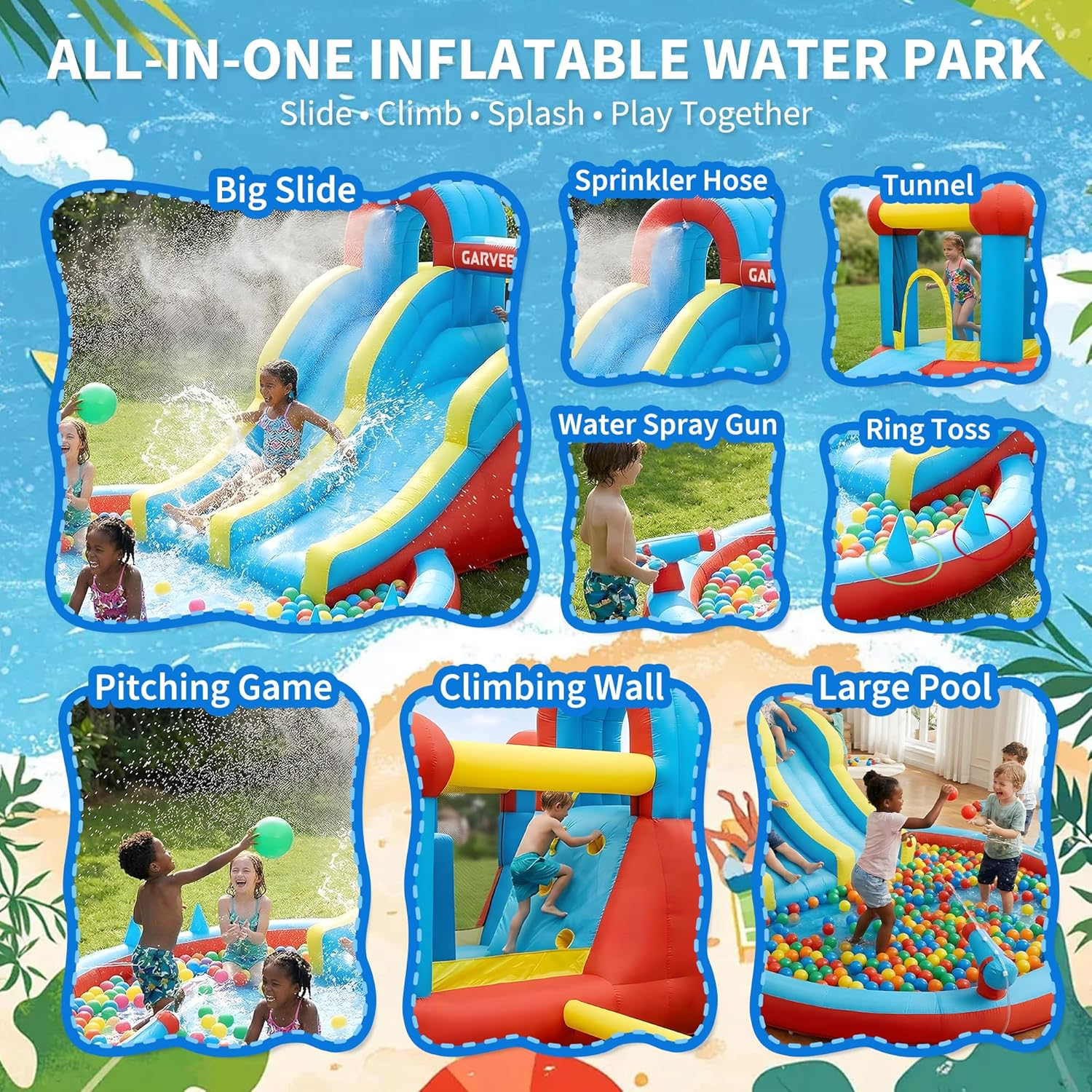 Garvee Castillo Hinchable con Tobogán Acuático, Parque Infantil Inflable de Exterior con Soplador Europeo, Piscina de Agua para Niños en Jardín