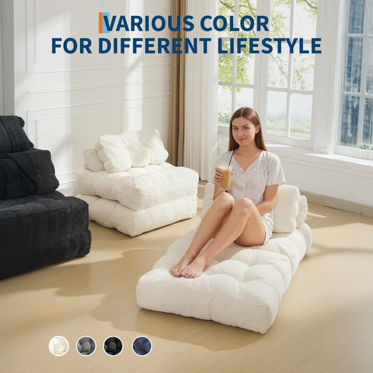Garvee Sofá Cama Plegable Reclinable Otomana Multifuncional Compacto Versátil para Espacios Pequeños Color Neutro Beige