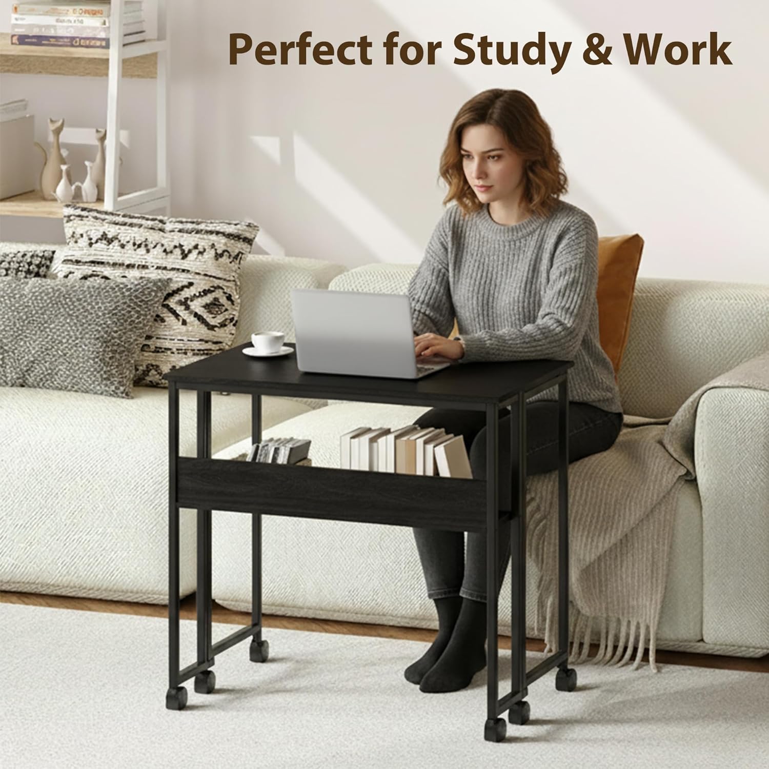 Escritorio plegable compacto negro con ruedas Garvee