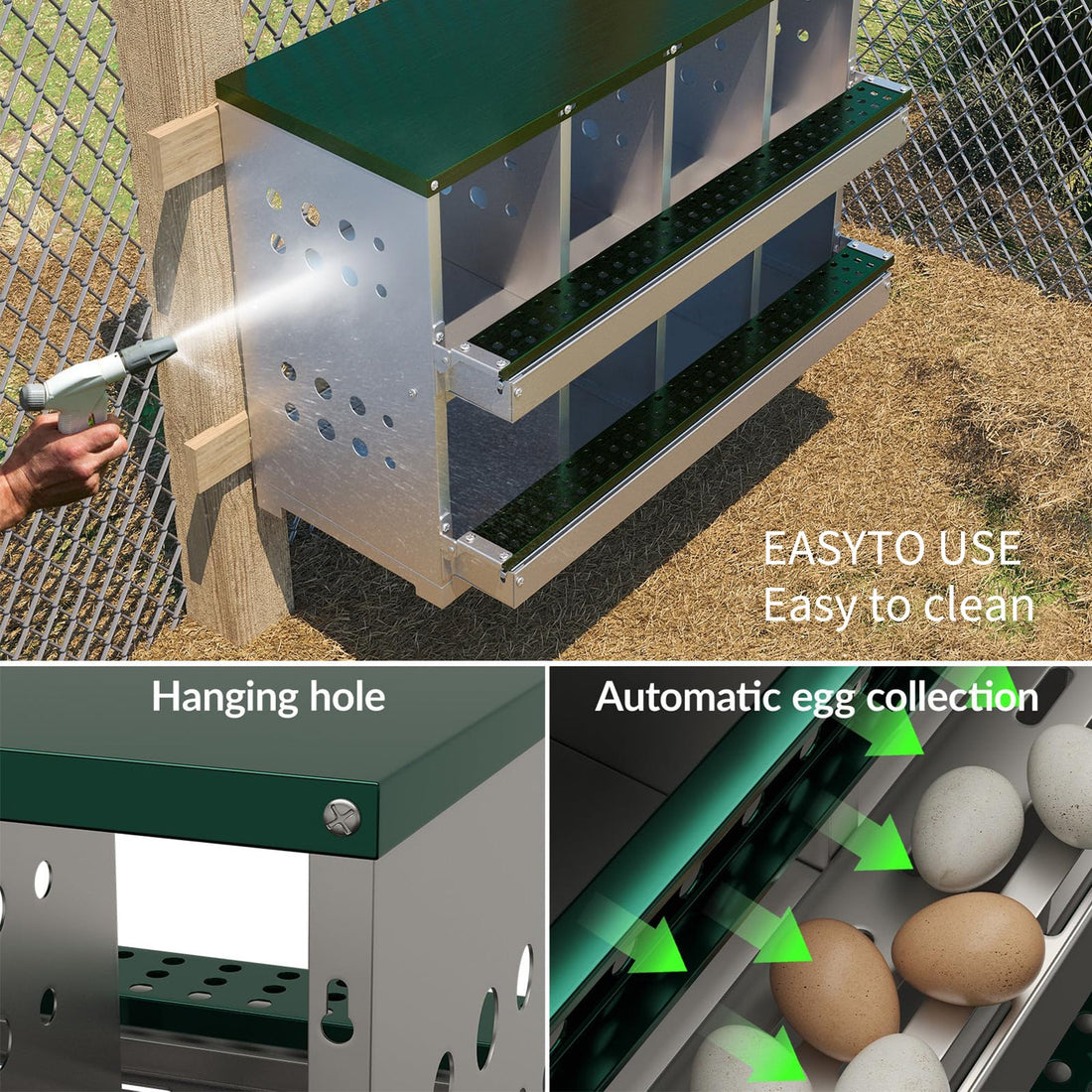Garvee Ponedero y Caja de Anidación para Gallinas de 2 Pisos - 8 Compartimentos de Acero Galvanizado, Bandeja de Recolección con 8 Huevos Falsos (Verde Oscuro)