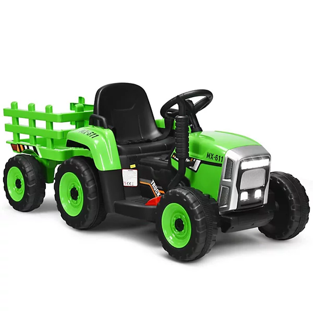 Garvee Tractor Eléctrico 12V, 2 Modos De Conducción, Mando A Distancia, 3 Velocidades, Remolque, Luces LED, Bluetooth, Música USB, 3-7 años, Jardín, Verde