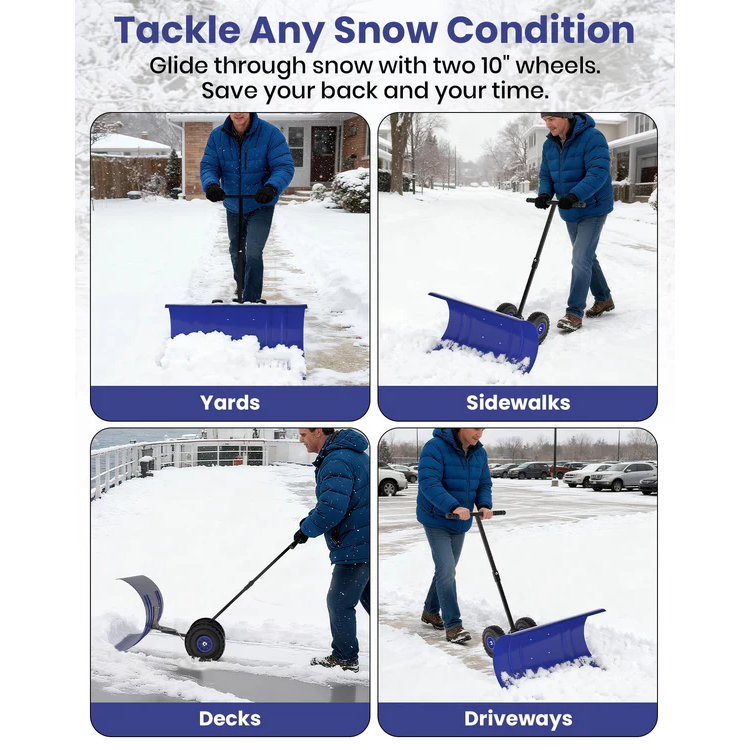 Garvee Pala de Nieve de Acero 91.44 Cm con Ruedas, Hoja Ajustable 5 Ángulos, Mango Ergonómico y Base Protectora, Producto Eficiente para Familiares en Entradas Residenciales, Azul