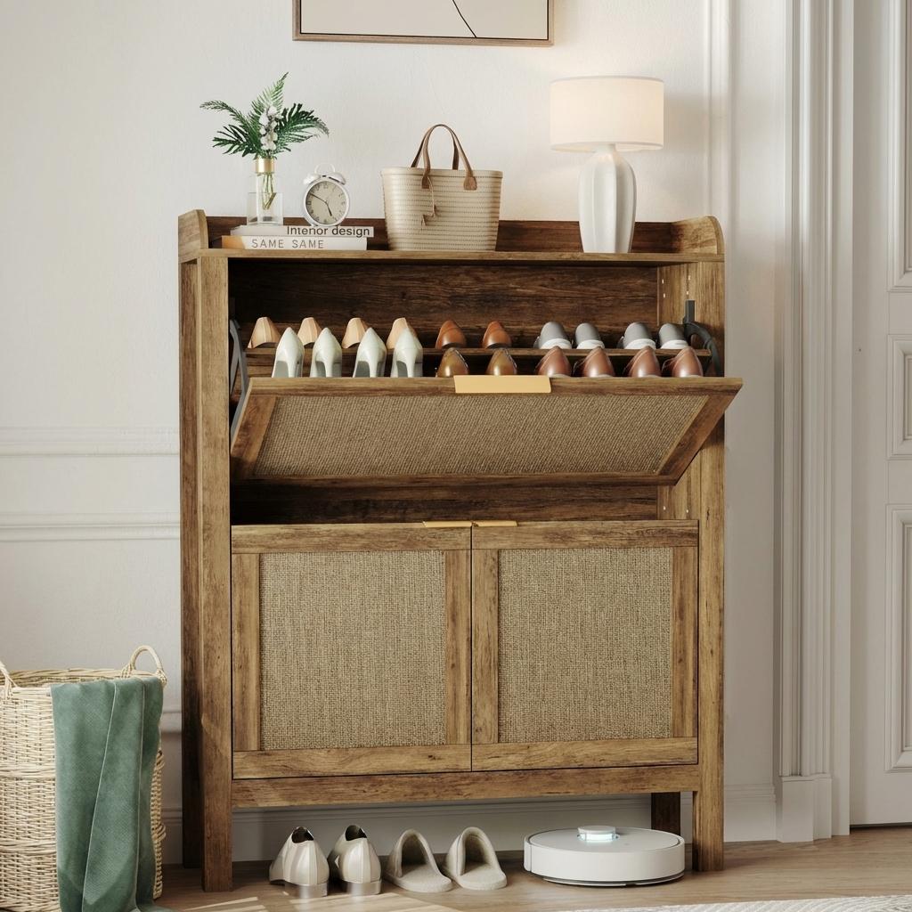 Garvee Zapatero de Ratán con 2 Cajones Abatibles Mueble Organizador de Zapatos MDF Estilo Rústico para Entrada 81 cm Madera