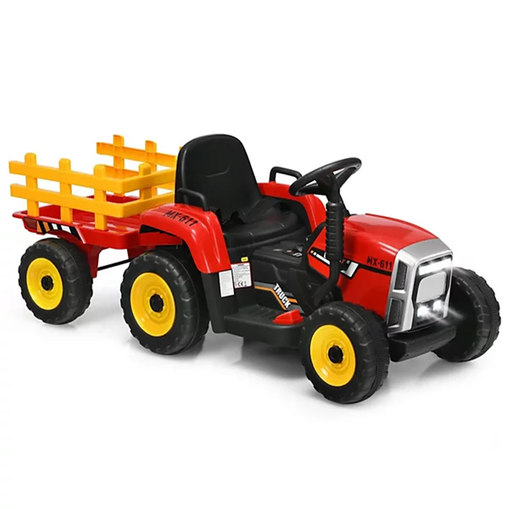 Garvee Tractor Eléctrico 12V, Remolque Extraíble, Luces LED y Bluetooth, 3-7 años, Jardín, Rojo
