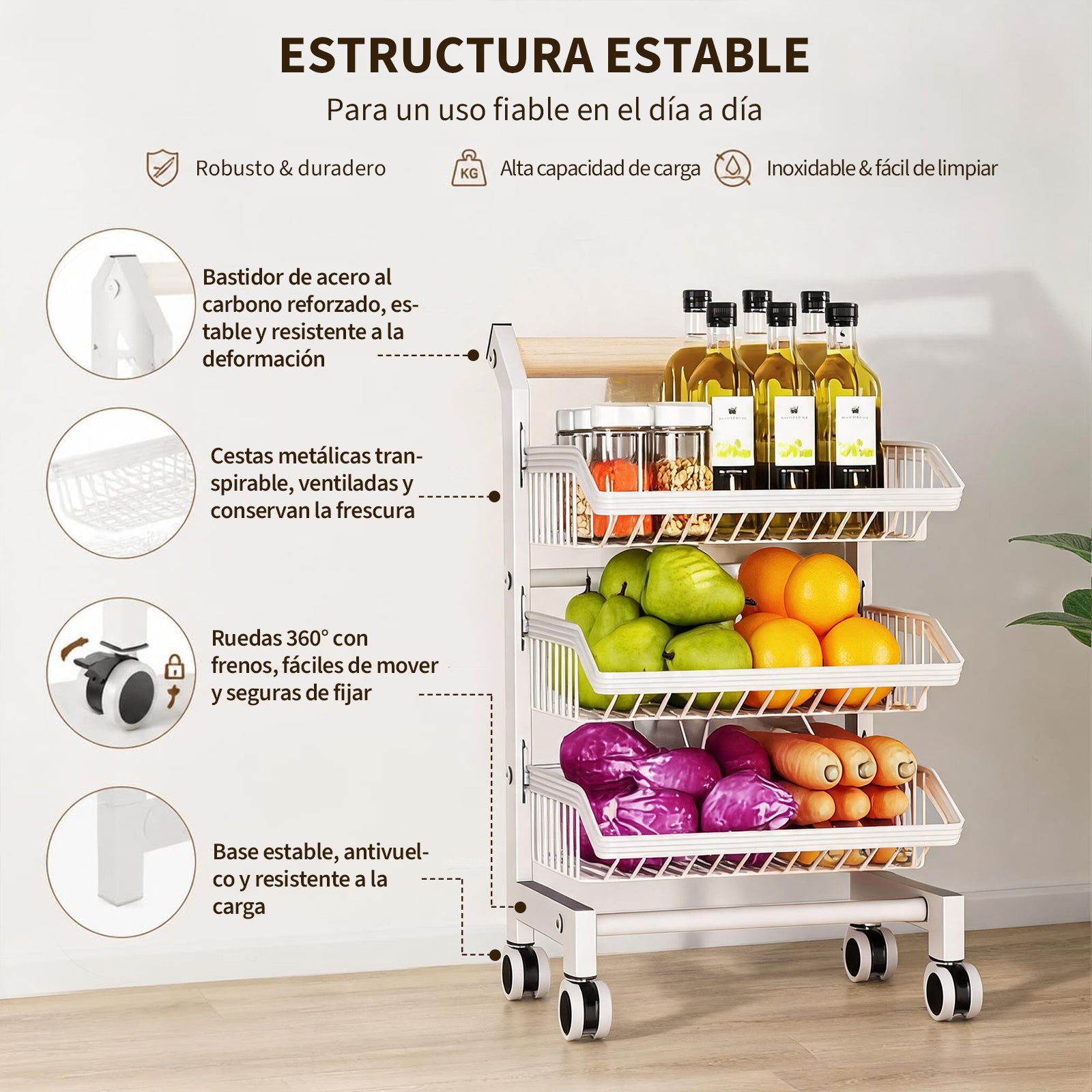 Garvee Carrito Organizador Móvil de Acero al Carbono de 3 Niveles con Ruedas Carro de Almacenamiento Multiusos para Cocina y Dormitorio Blanco