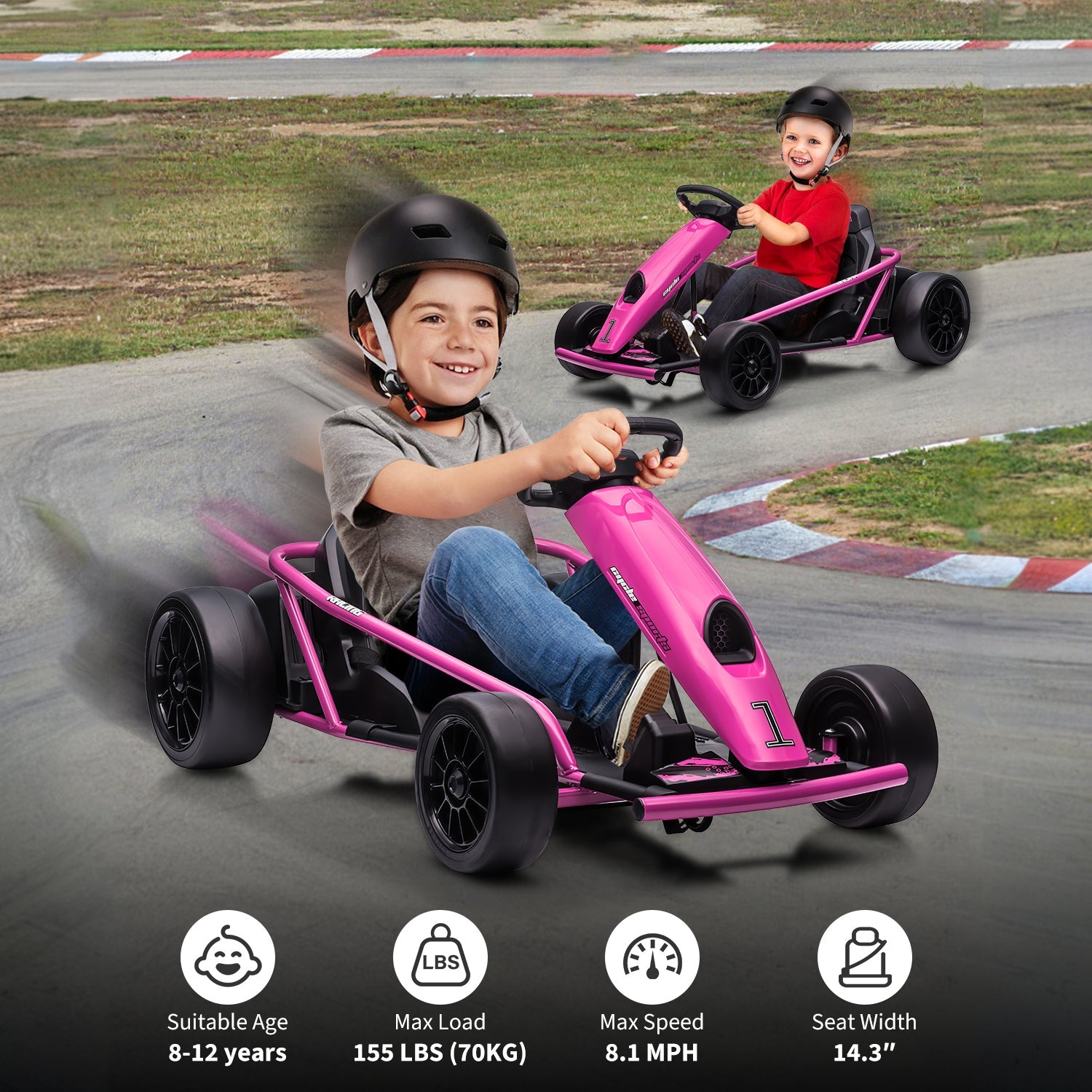 Garvee Go-Kart Eléctrico 24V, 2 Motores 300W, Velocidad 13 km/h, Asiento Amplio, Música, Ruedas EVA Y Nylon, 8-12 años, Exterior, Rosa Fucsia