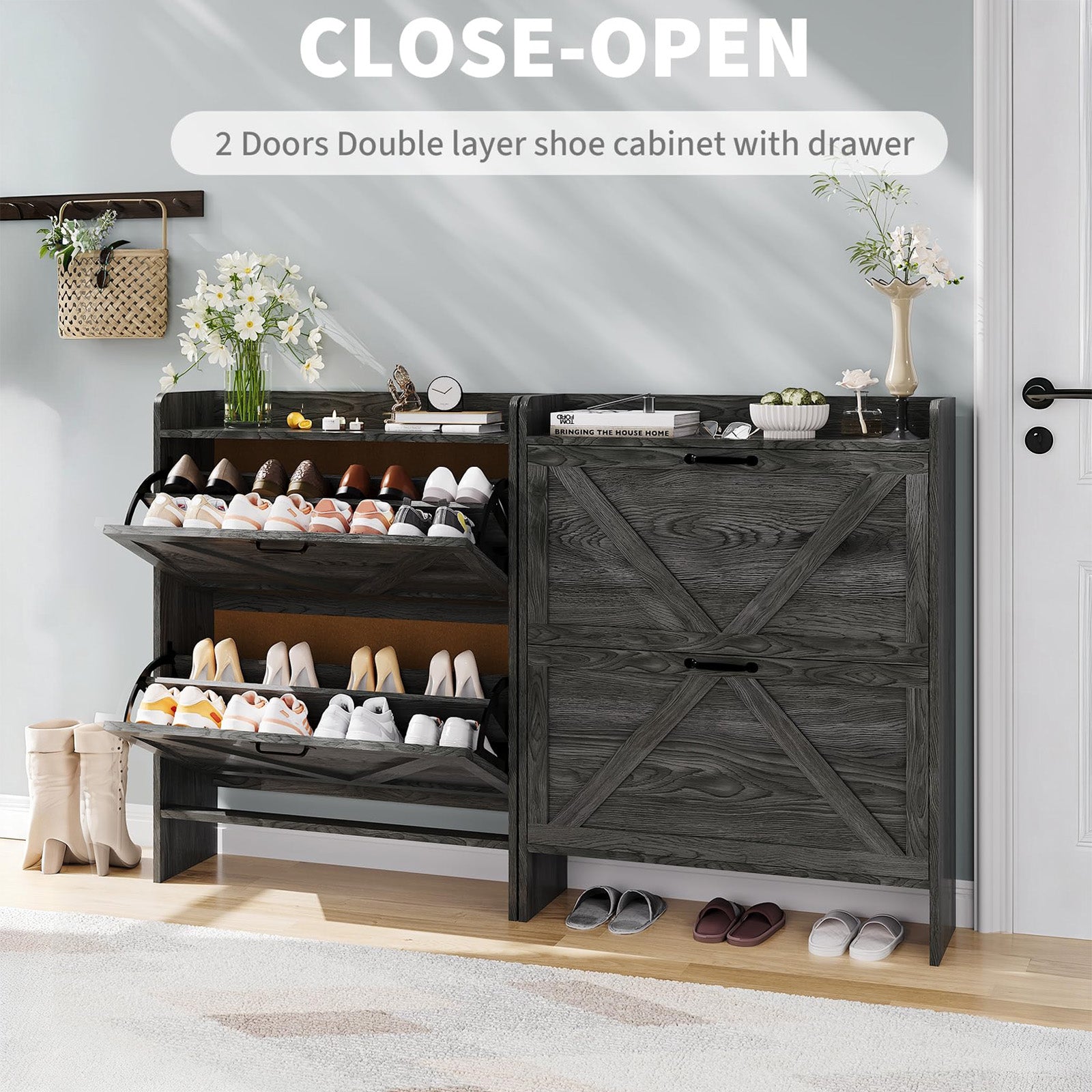Garvee Zapatero Estrecho de Recibidor con 2 Cajones Abatibles Organizador de Zapatos Oculto de Madera MDF y Patas Metálicas Mueble Estilo Rústico, Negro