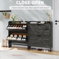 Garvee Zapatero Estrecho de Recibidor con 2 Cajones Abatibles Organizador de Zapatos Oculto de Madera MDF y Patas Metálicas Mueble Estilo Rústico, Negro