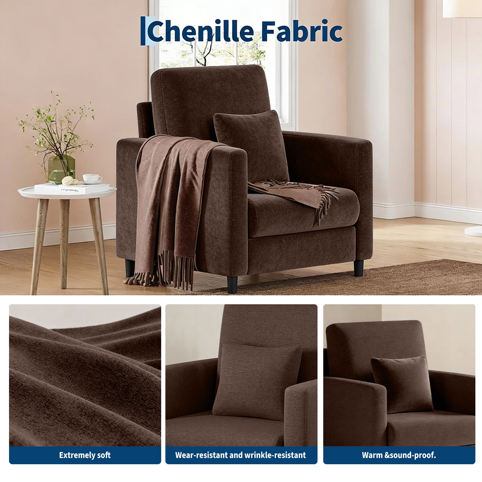 Garvee Sofá 2 Plazas Moderno Tela Suave Marrón Compacto Para Salón Pequeño Con Almohadas Y Reposabrazos