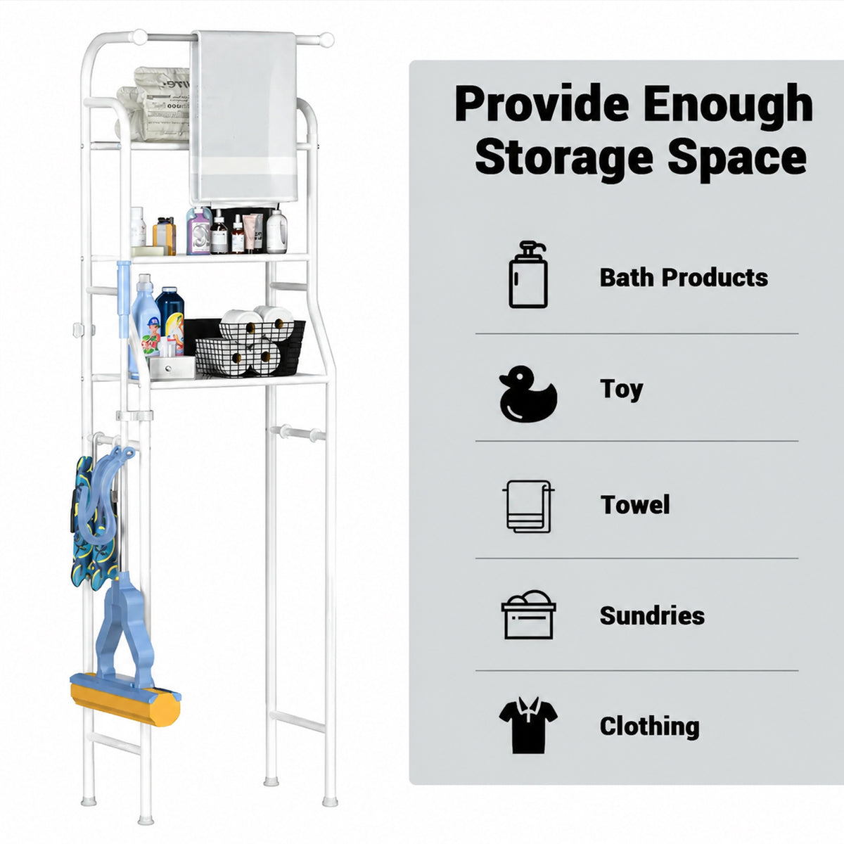 Garvee Estantería de Almacenaje para Inodoro y Baño, Ahorro de Espacio con 3 Niveles, Estructura de Acero al Carbono Resistente y Estable, 46 x 25 x 157 cm, Blanco