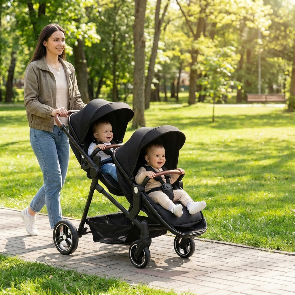 Garvee Carro Gemelo Doble Pista para Bebé y Niño Pequeño, Cochecito Plegable con Mameluco, Respaldo Reversible y Ajustable en Múltiples Posiciones, Canasta de Almacenamiento Grande y toldo, Negro