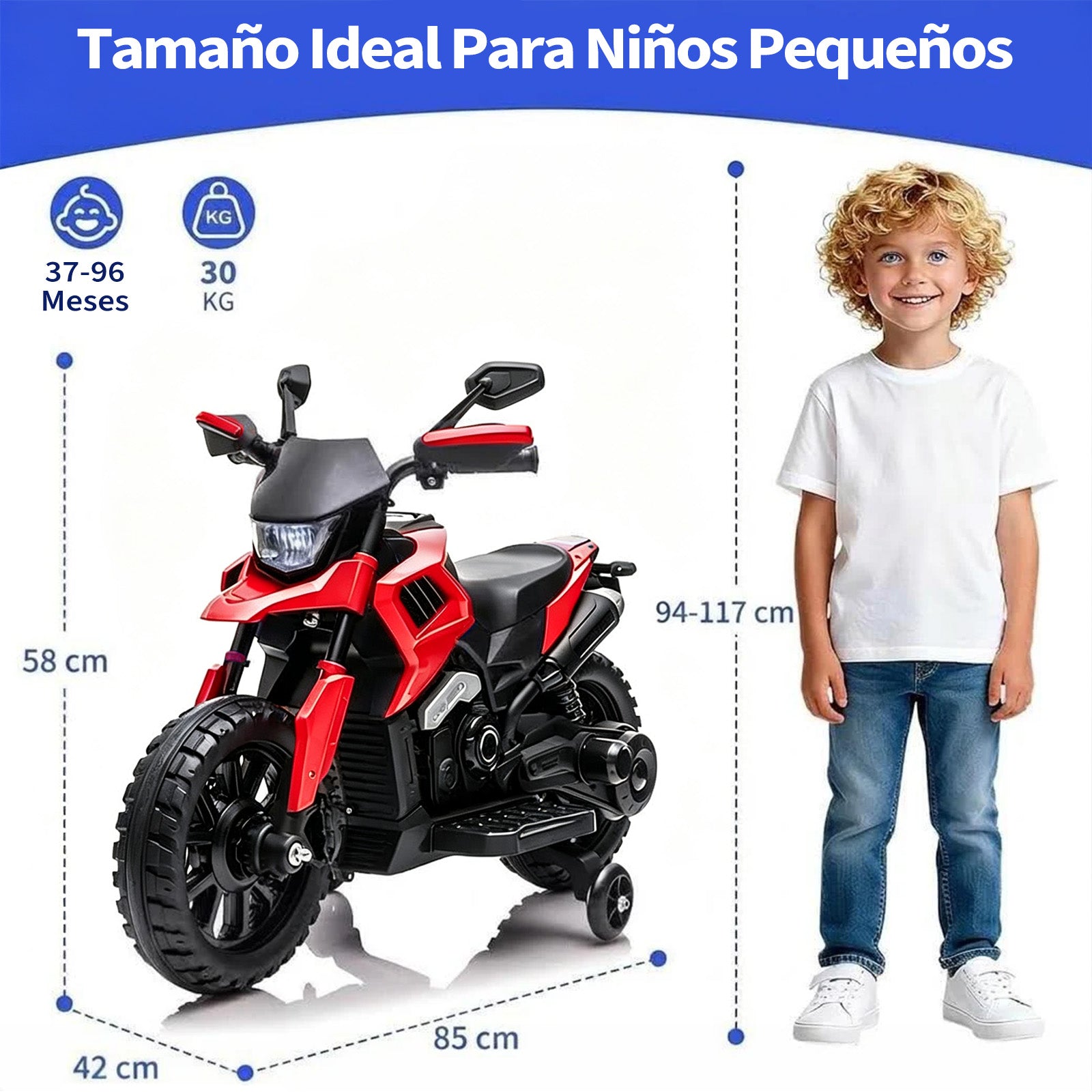 Garvee Moto Eléctrica Infantil 6V 4Ah, 3 Velocidades, Ruedas de Apoyo, Faros LED y Música, para Niños de 3 a 6 Años, 25 kg, Rojo