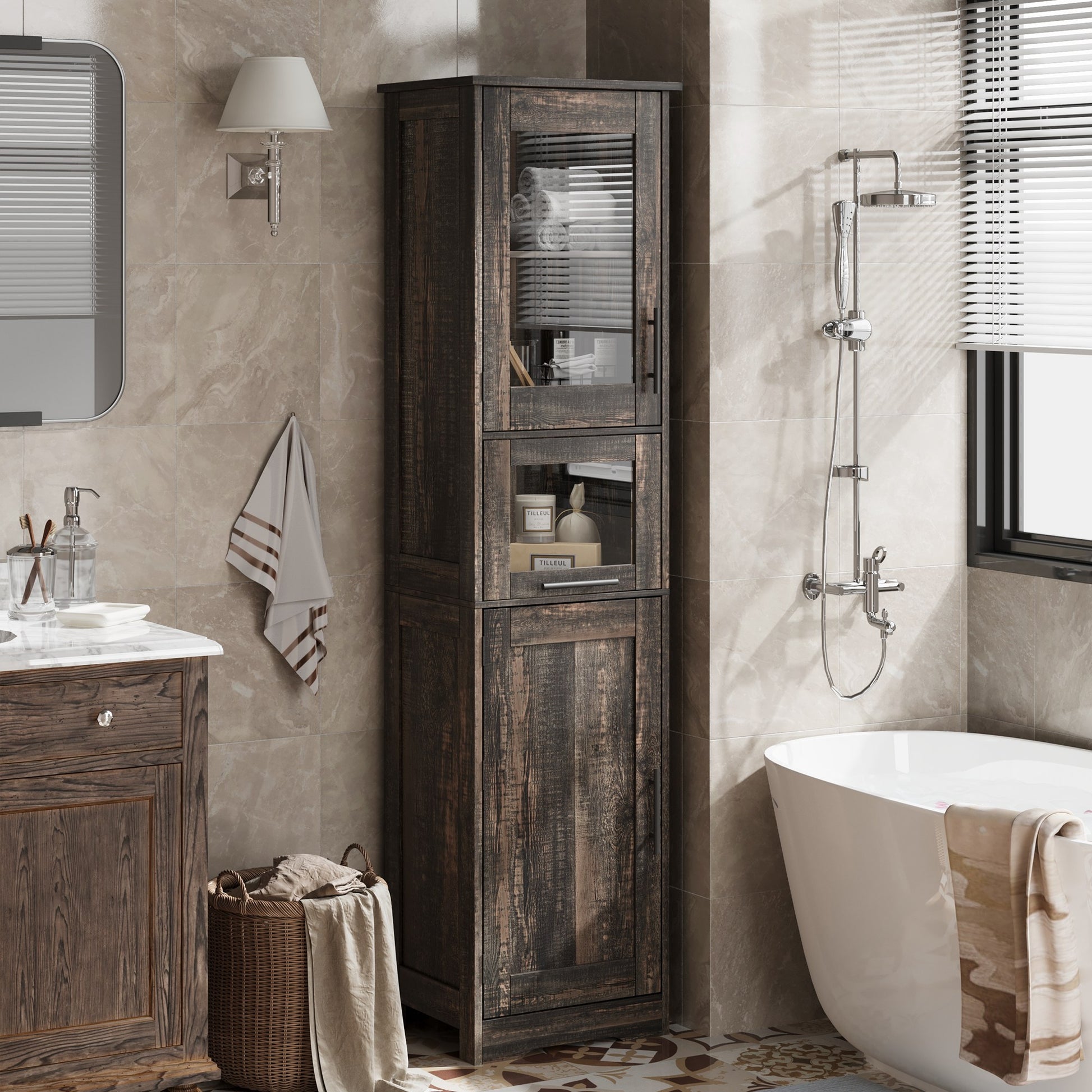 Garvee Armario Alto 170 cm Madera MDF Puerta Vidrio Templado Para Baño Cocina Diseño Compacto Blanco