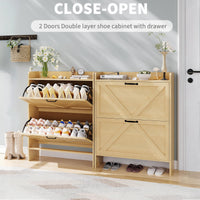 Garvee Zapatero Estrecho de Recibidor con 2 Cajones Abatibles Organizador de Zapatos Oculto de Madera MDF y Patas Metálicas Mueble Estilo Rústico, Madera Natural