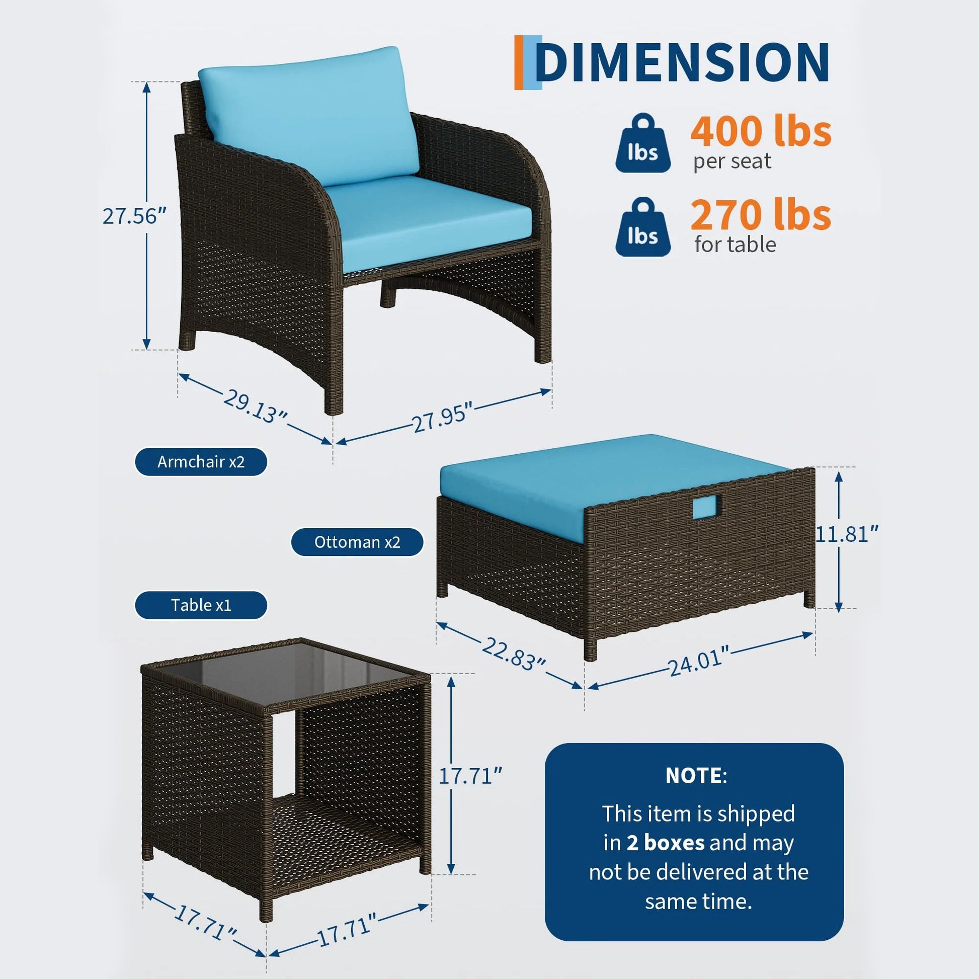 Garvee Conjunto de Muebles de Jardín de Ratán de 5 Piezas con 2 Sillones Mesa de Vidrio y Otomanas para Balcón y Terraza, Marrón y Azul Cielo
