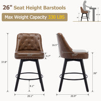 Garvee Taburetes de Bar Giratorios Modernos con Respaldo, Asiento Acolchado de Cuero, Patas de Madera Sólida, Altura 66 cm para Cocina y Bar en Casa, Diseño con Tachuelas, Negro