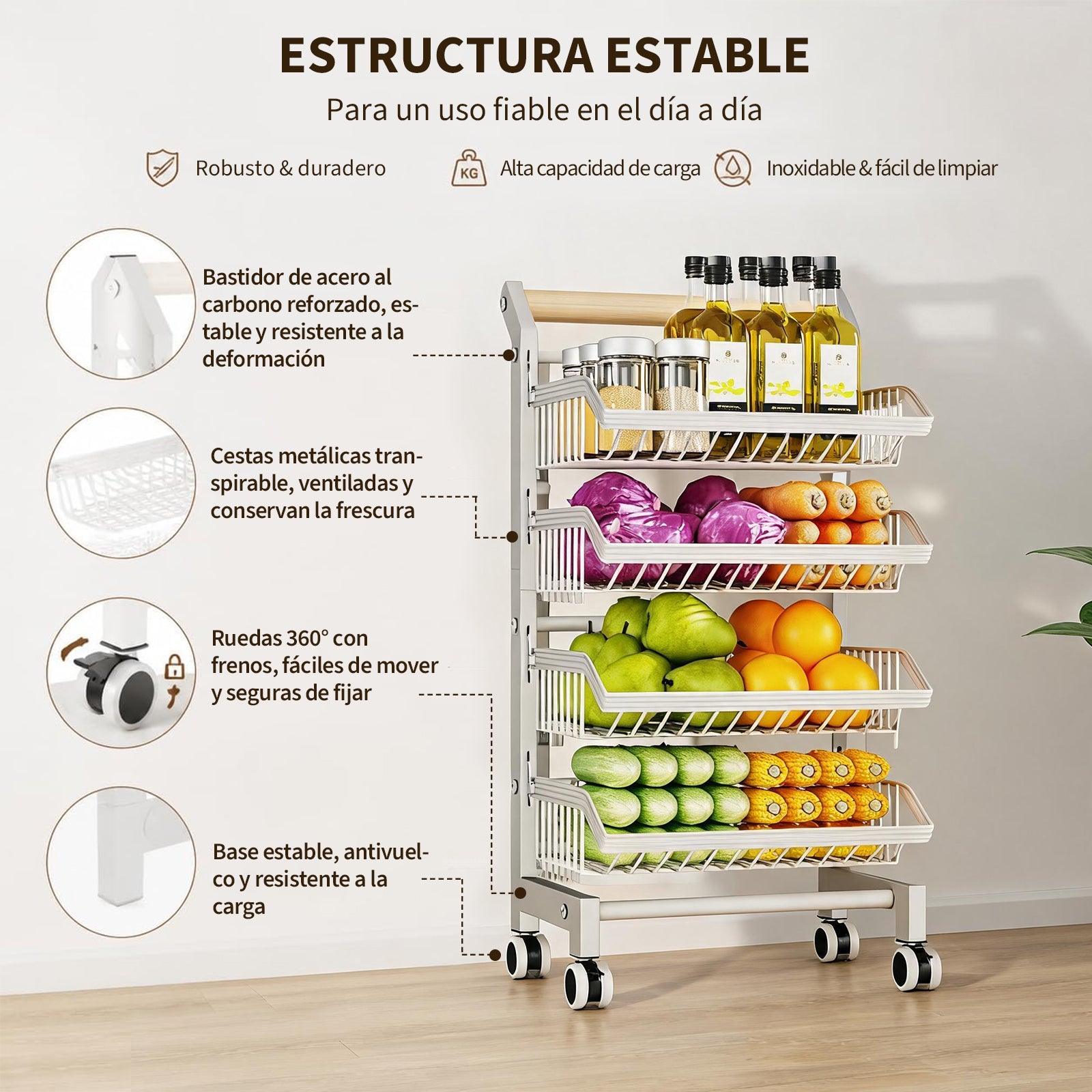 Garvee Carro Estrecho Organizador de 4 Niveles con Cajones de Hierro para Cocina Salón o Balcón Blanco