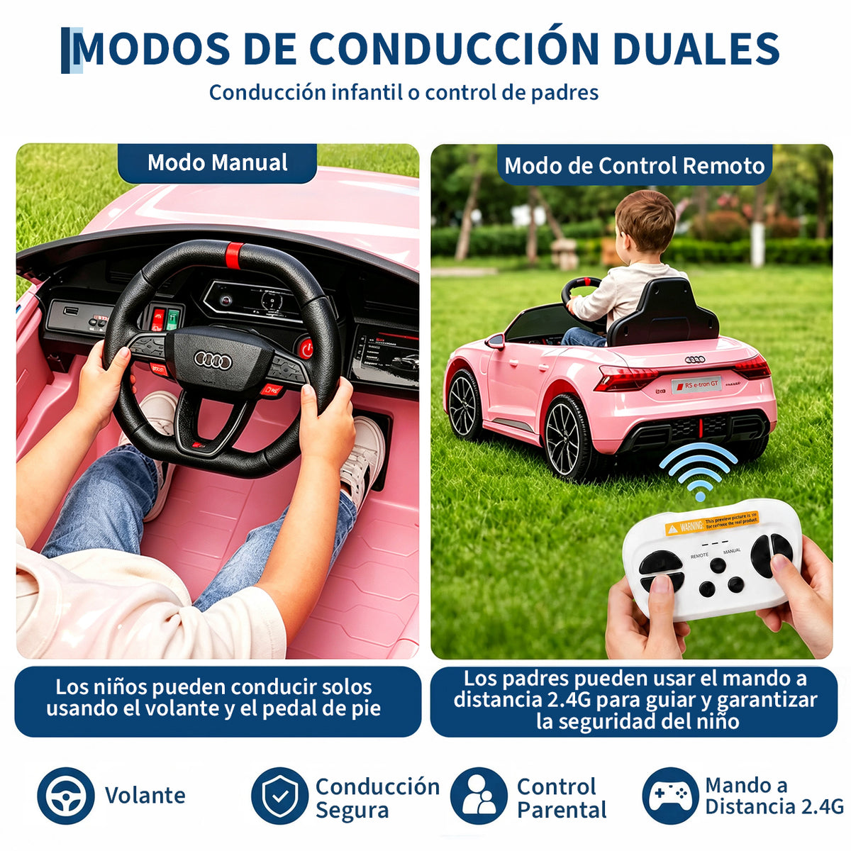 Garvee Coche Eléctrico Infantil de 12 V 4,5 Ah con Licencia Audi, Doble Modo de Conducción con Mando a Distancia, Cinturón de Seguridad, Música por USB y Doble Motor 390, Estándar EU, Rosa