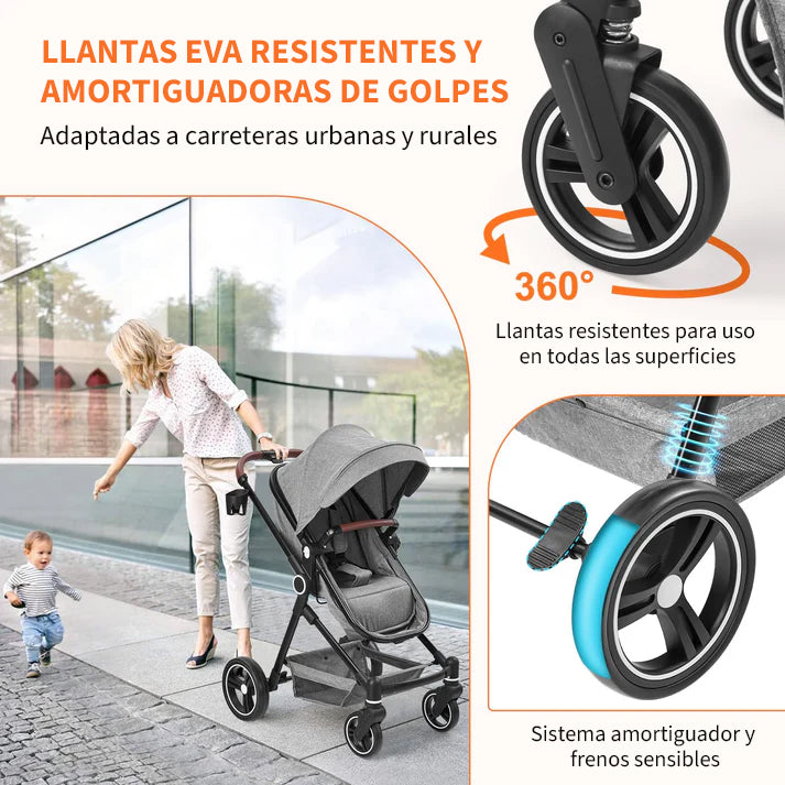 Carrito bebe ruedas multifuncionales absorción impactos bloqueo delantero frenos emergencia traseros control