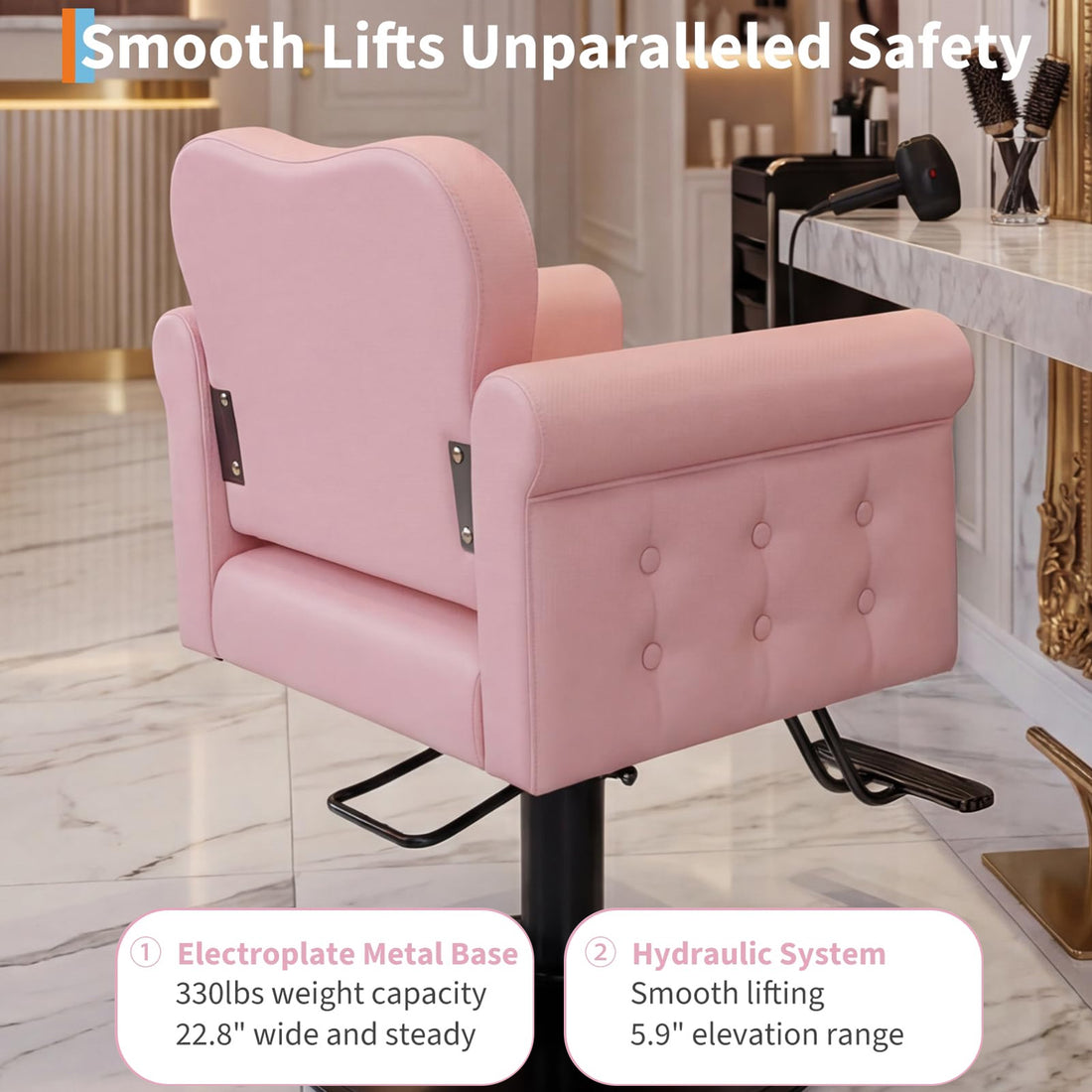 Garvee Silla De Salón Para Estilista En PU Rosa, Base Metálica Redonda, Elevación Hidráulica, 150 Kg, Para Salones Y Spas