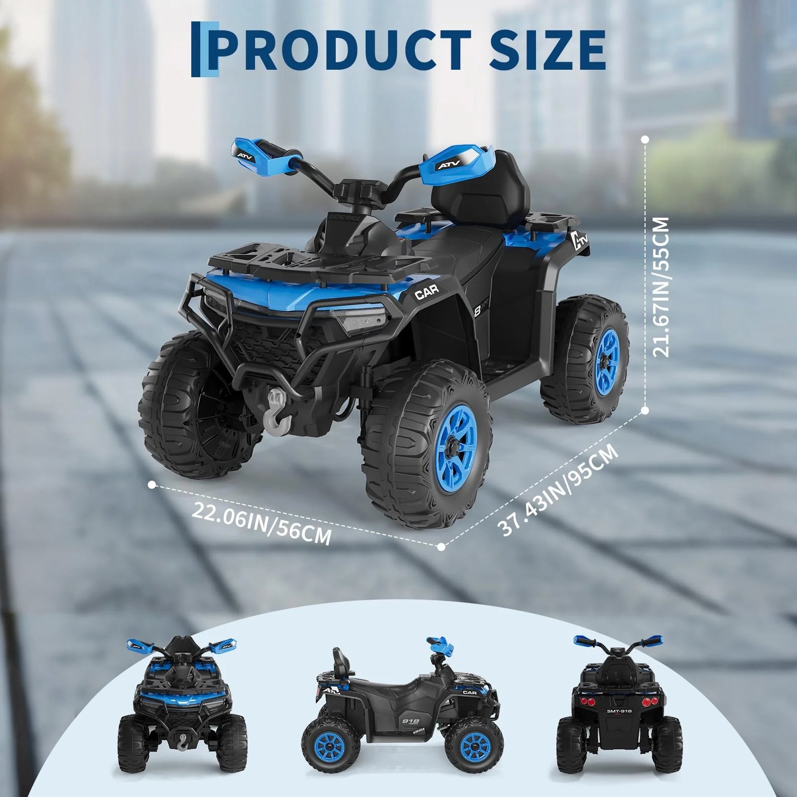 Garvee Quad Eléctrico 12V, Control Remoto, 2 Motores Potentes, Suspensión, LED, Bluetooth, Música, USB, 3-8 años, Exterior, Azul