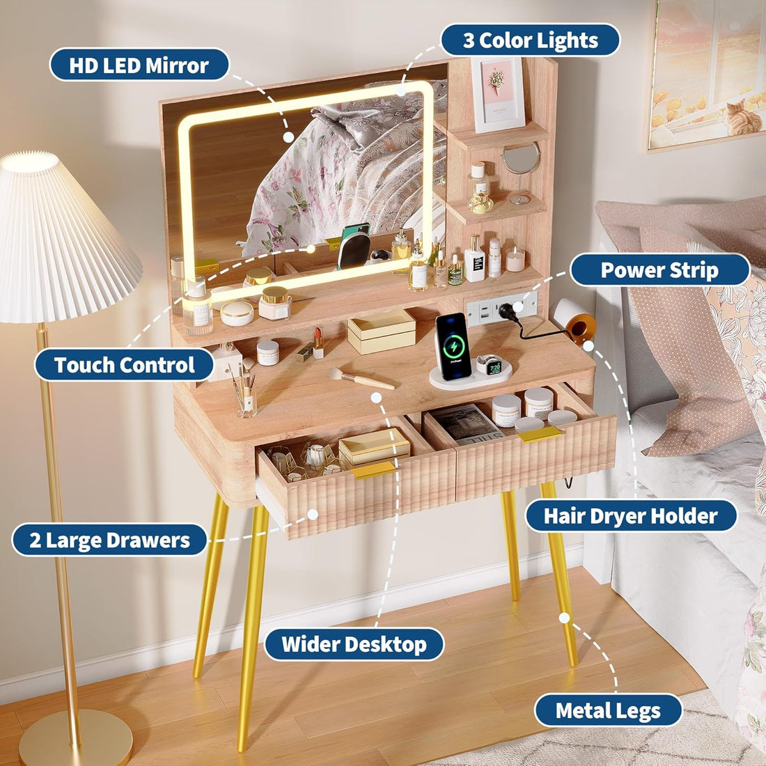 Garvee Tocador de Maquillaje 79cm con Espejo LED, 2 Cajones y Armario, Incluye Estación de Carga con Enchufe Europeo, Madera Natural
