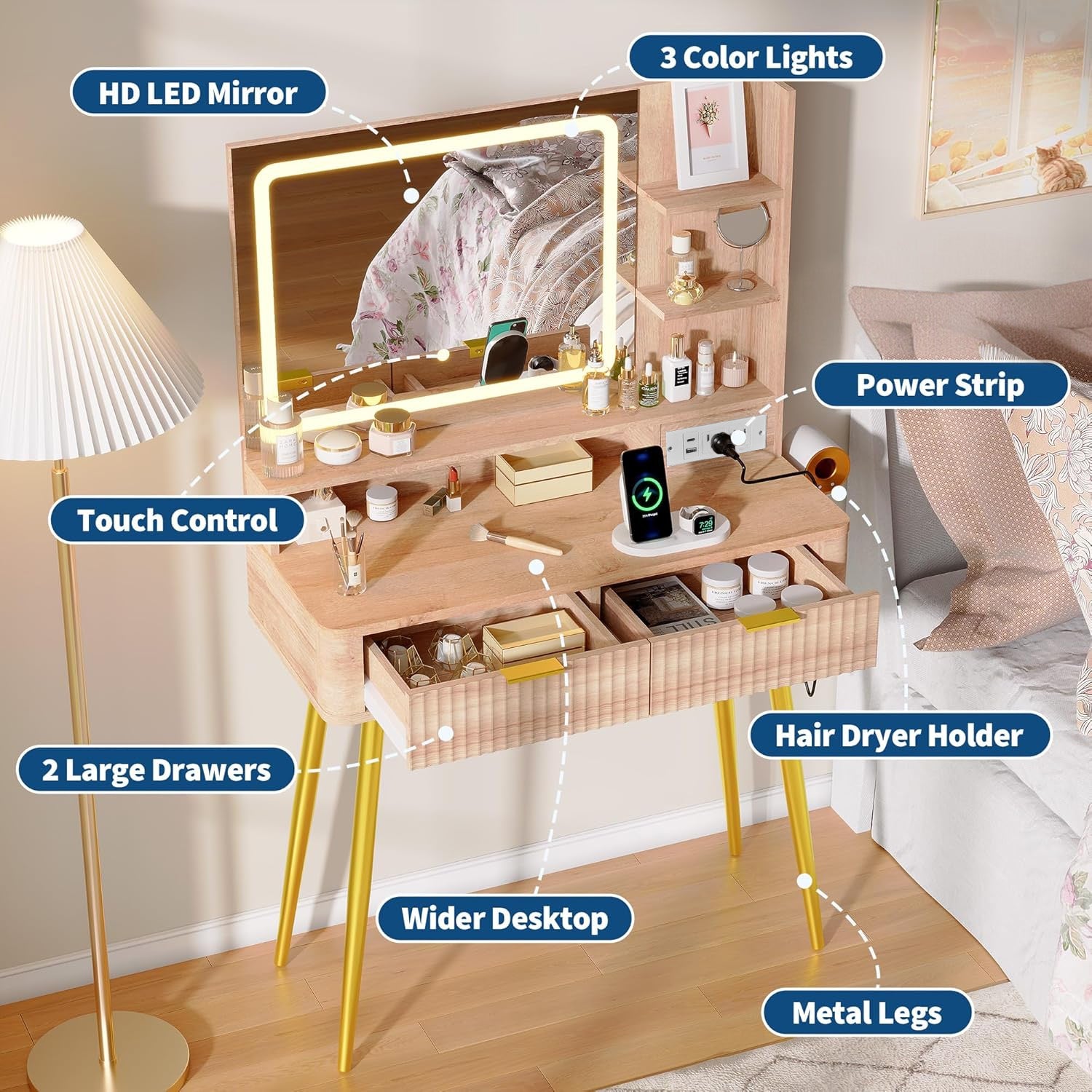 Garvee Tocador de Maquillaje 79cm con Espejo LED, 2 Cajones y Armario, Incluye Estación de Carga con Enchufe Europeo, Madera Natural
