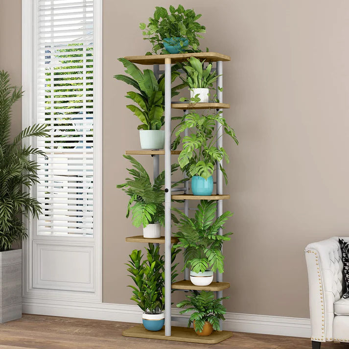 Garvee Soporte para plantas Garvee de madera y metal, multi-nivel para esquina, interior y exterior, balcón, jardín, sala de estar, ahorro de espacio, resistente, diseño elegante