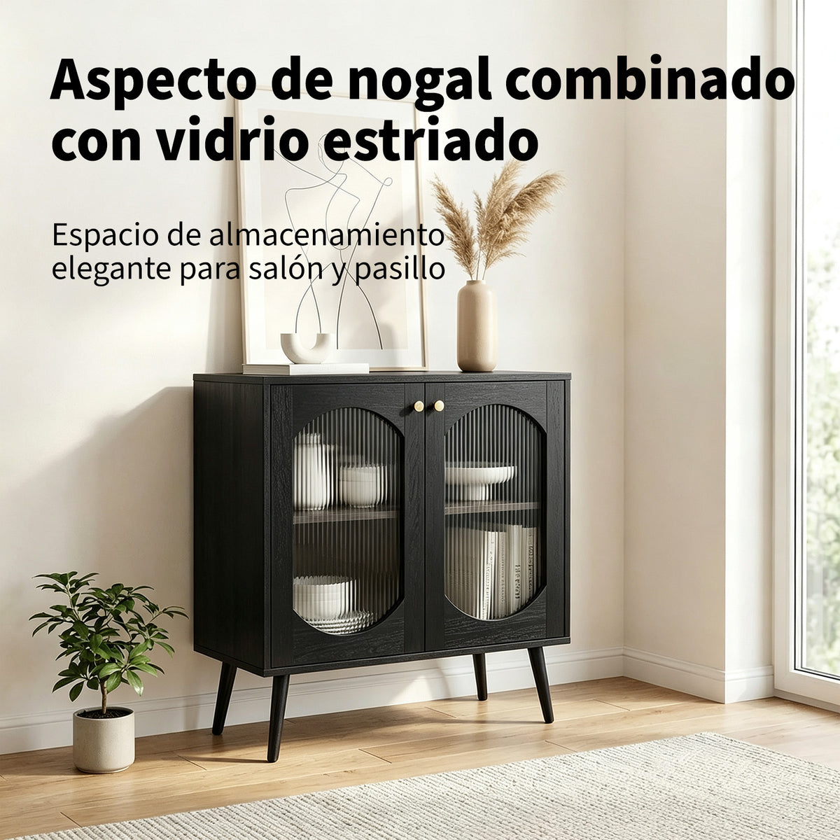 Garvee Aparador Contemporáneo de PB con 2 Puertas de Vidrio Texturizado Mueble Multifuncional para Salón o Pasillo Negro