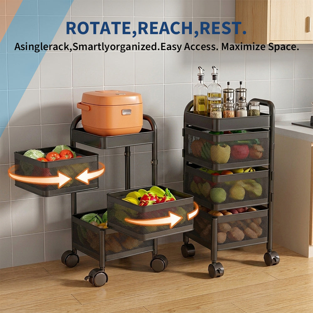 Garvee Carro Organizador Cuadrado de Acero al Carbono 3 Niveles Cestas de Malla Ruedas 360° con Freno para Cocina y Baño Negro