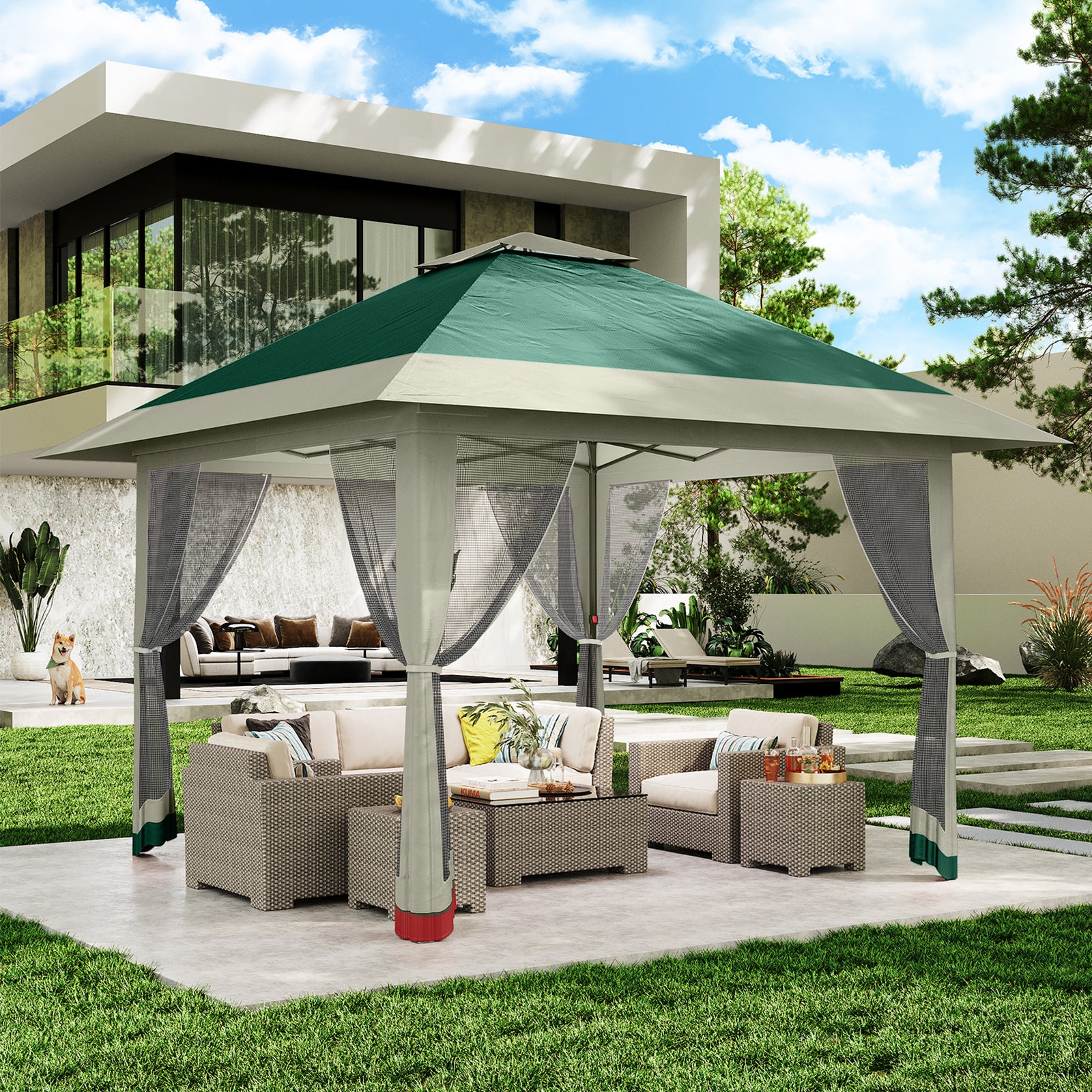 Garvee Gazebo Plegable de 396 x 396 cm con Mosquitera Perimetral y Estructura Reforzada, Protección UV 99%, Verde y Gris