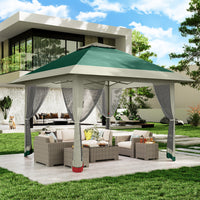 Garvee Gazebo Plegable de 396 x 396 cm con Mosquitera Perimetral y Estructura Reforzada, Protección UV 99%, Verde y Gris