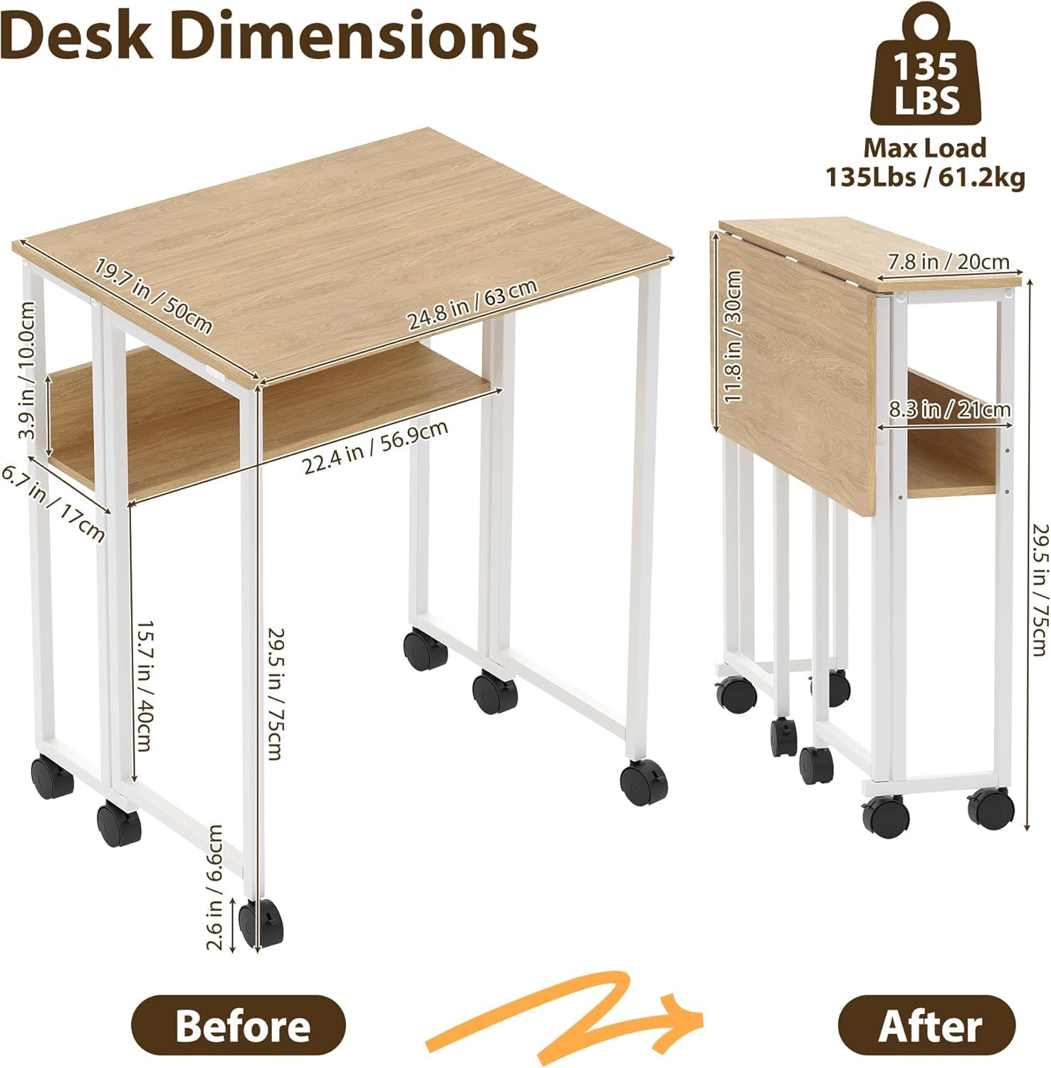 Garvee Escritorio Plegable con Ruedas y Estante de Almacenamiento de 63x50x75 cm, Mesa de Ordenador Compacta de Madera Natural y Acero