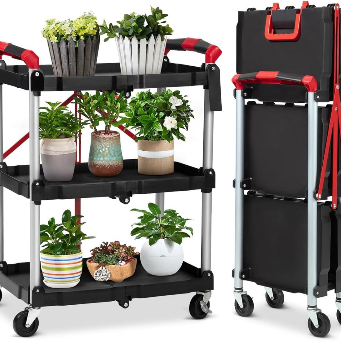 Garvee Carro de Servicio Plegable de 3 Niveles Carrito de Transporte Multiusos de Aluminio y PP con Ruedas y Frenos para Oficina Taller y Cocina