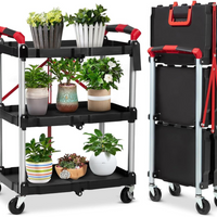 Garvee Carro de Servicio Plegable de 3 Niveles Carrito de Transporte Multiusos de Aluminio y PP con Ruedas y Frenos para Oficina Taller y Eventos