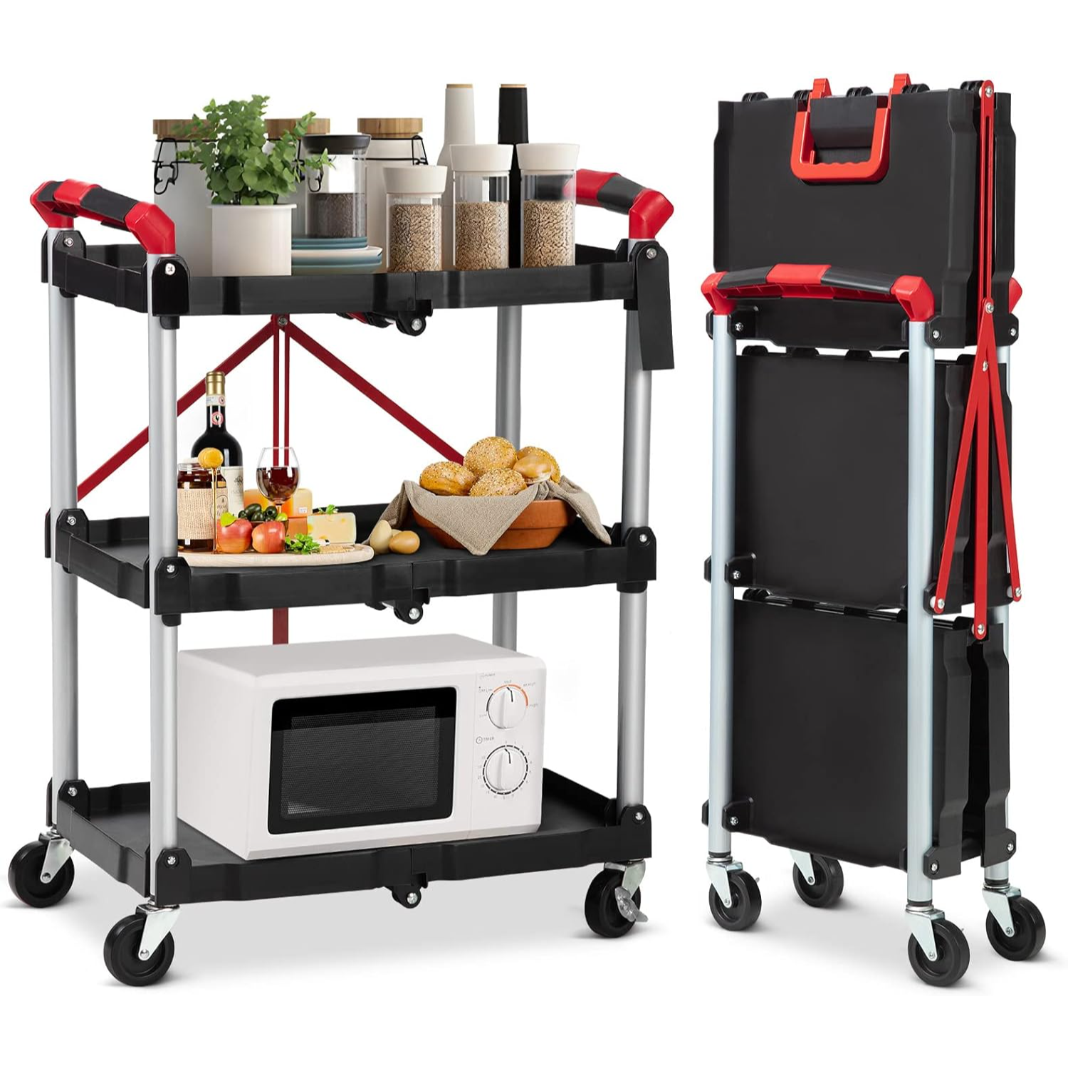 Garvee Carro de Servicio Plegable de 3 Niveles Carrito de Transporte Multiusos de Aluminio y PP con Ruedas y Frenos para Oficina Taller y Eventos